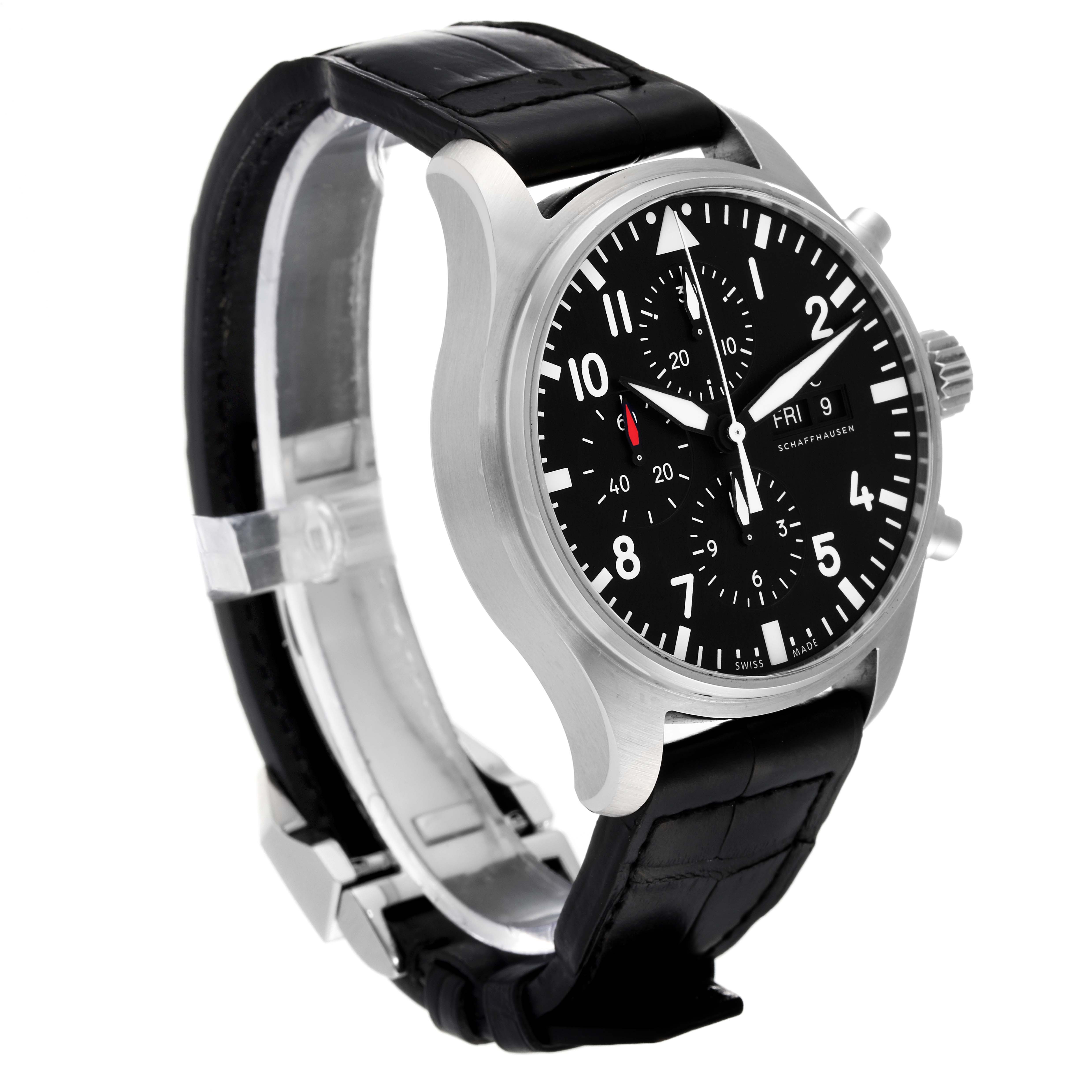 The IWC Pilot IW377709 Men's Stainless Steel Black Dial IW377709 Men's Stainless Steel Black Dial watch is shown at a three-quarter angle, displaying the face, case, side buttons, and leather strap.