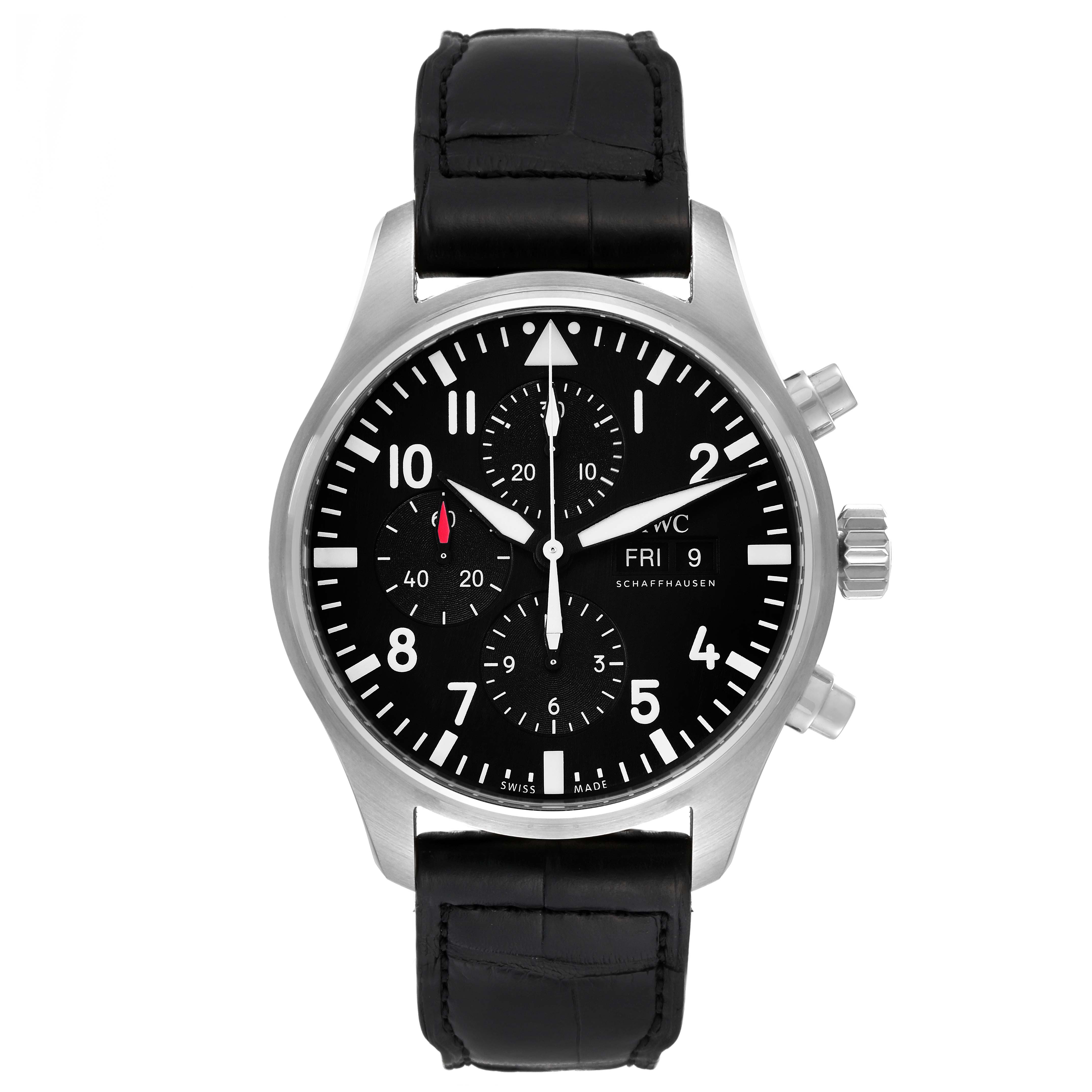 This IWC Pilot IW377709 Men's Stainless Steel Black Dial IW377709 Men's Stainless Steel Black Dial model watch is shown from a front angle, displaying its black dial, chronograph subdials, and black leather strap.