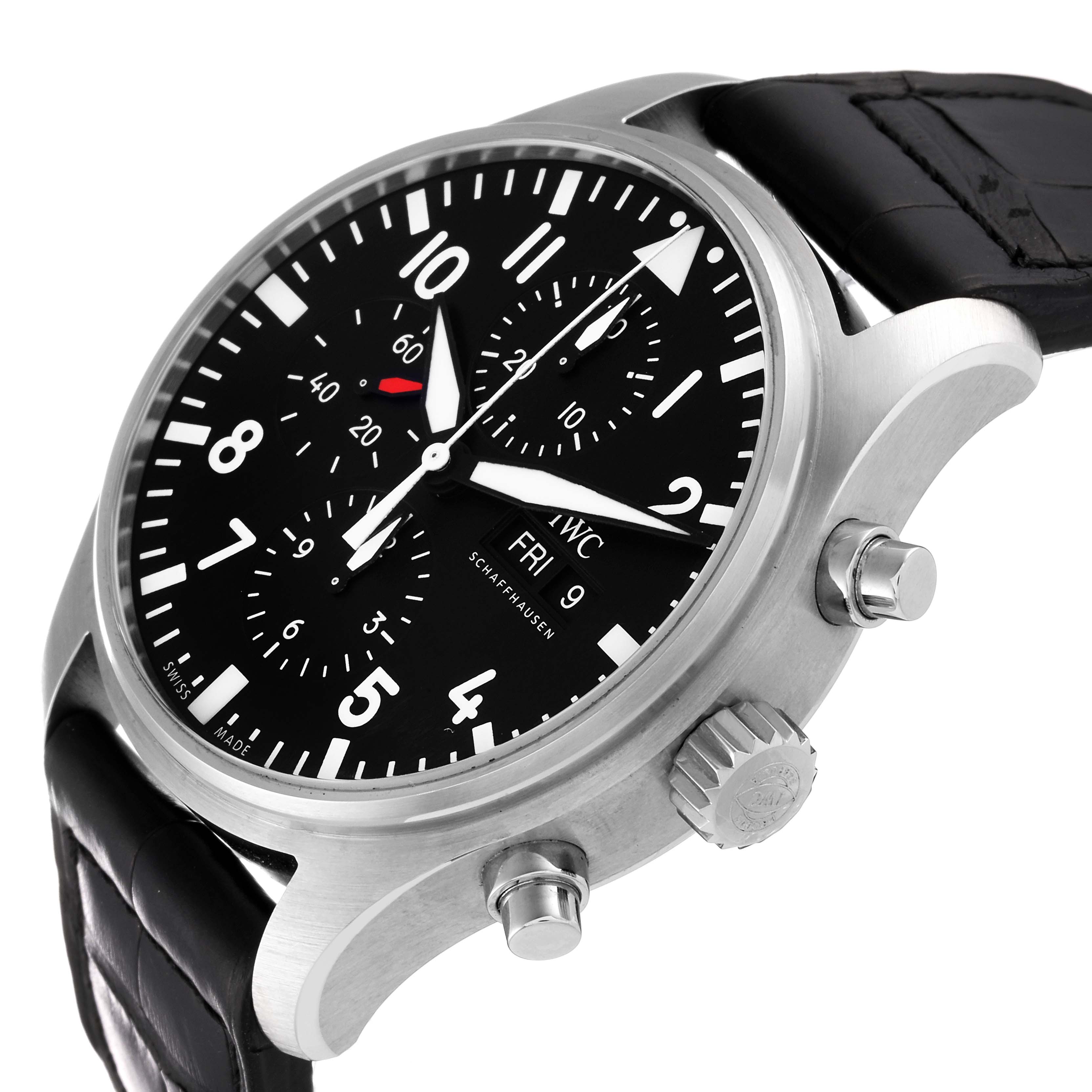 The image shows an IWC Pilot IW377709 Men's Stainless Steel Black Dial IW377709 Men's Stainless Steel Black Dial model watch at an oblique angle, highlighting the dial, side buttons, and crown with a black leather strap.