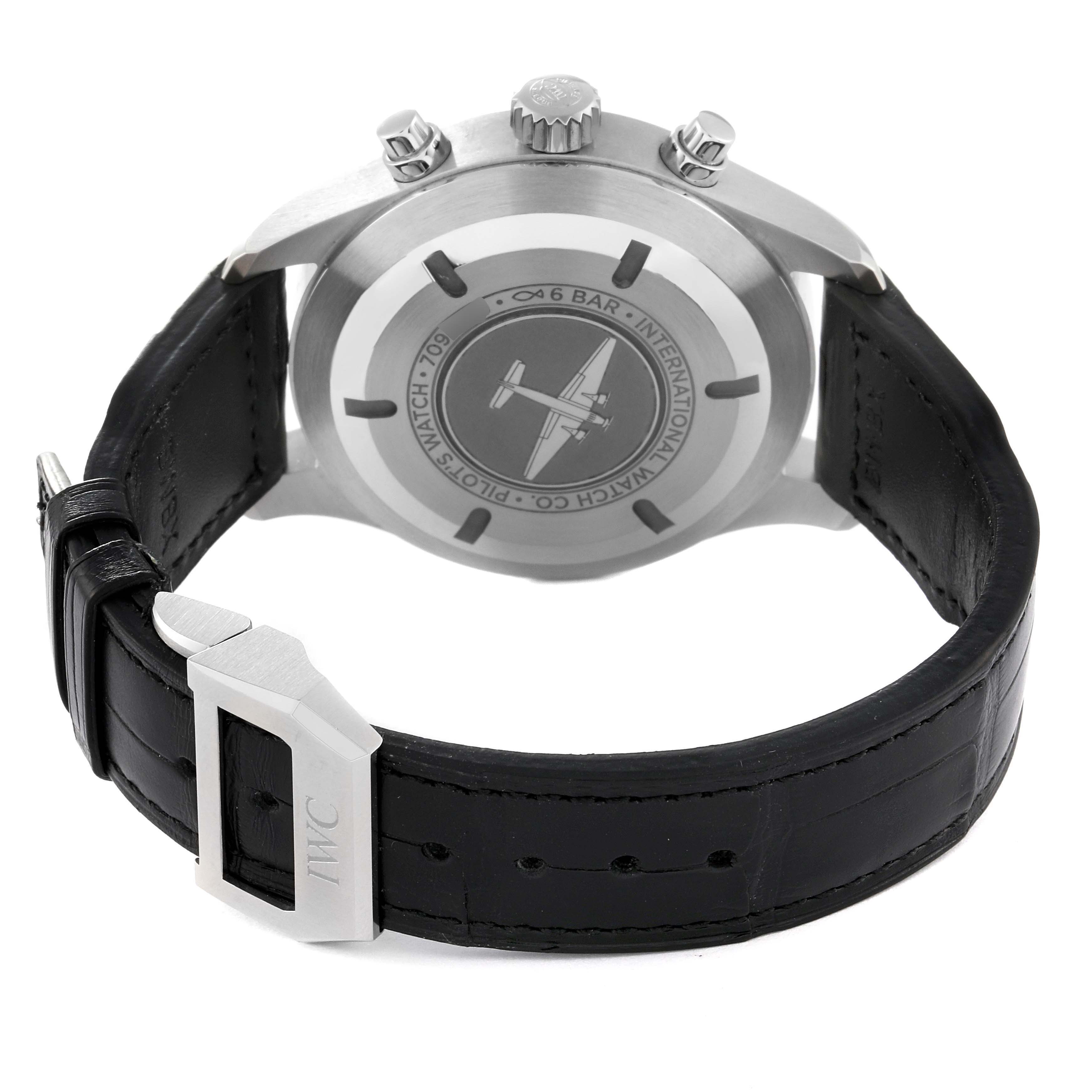 The image shows the back, crown, and leather strap of the IWC Pilot IW377709 Men's Stainless Steel Black Dial IW377709 Men's Stainless Steel Black Dial model watch.