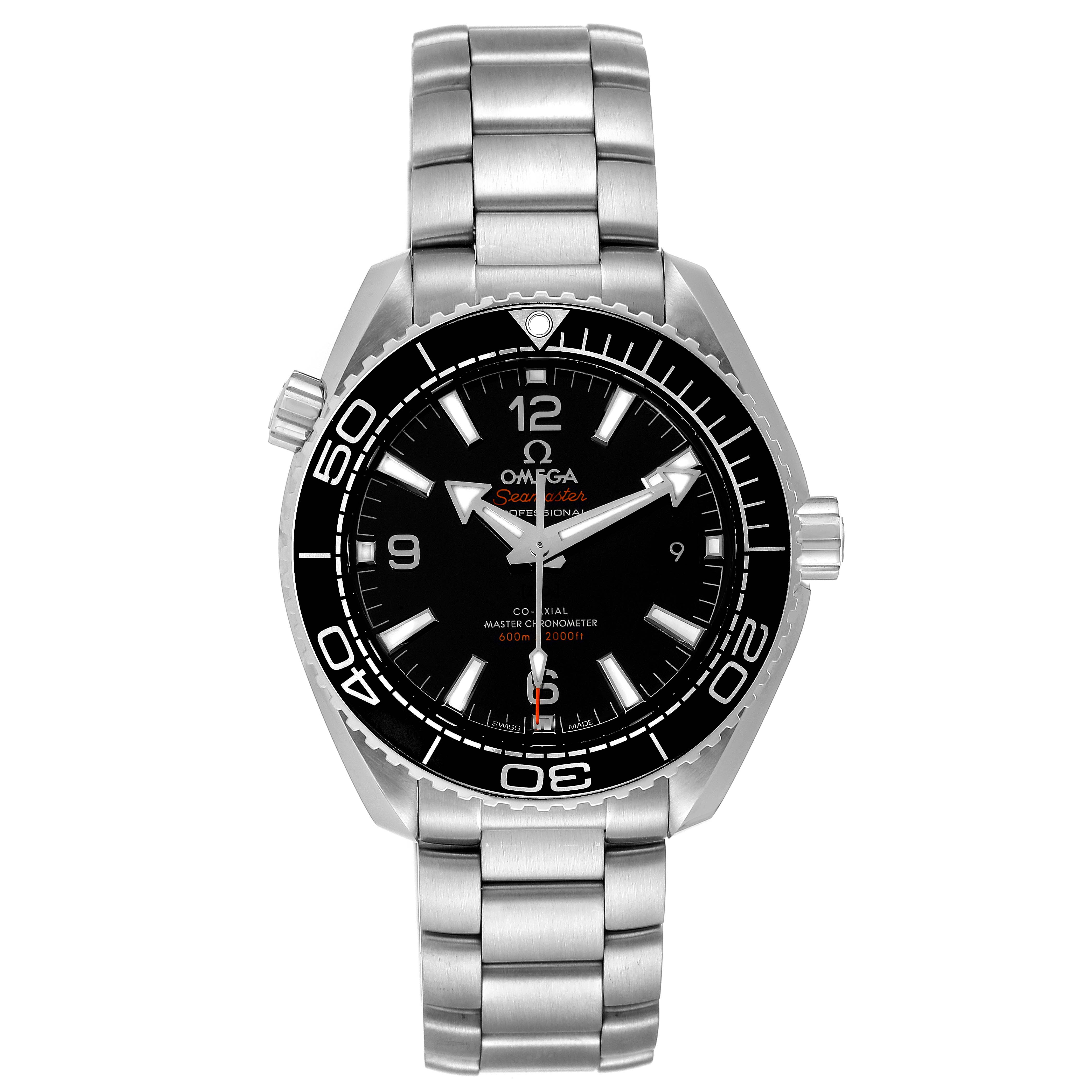 The image shows a front view of the Omega Planet Ocean 215.30.40.20.01.001 Men
s Stainless Steel Black Dial 215.30.40.20.01.001 Men
s Stainless Steel Black Dial watch, highlighting the dial, bezel, and bracelet.