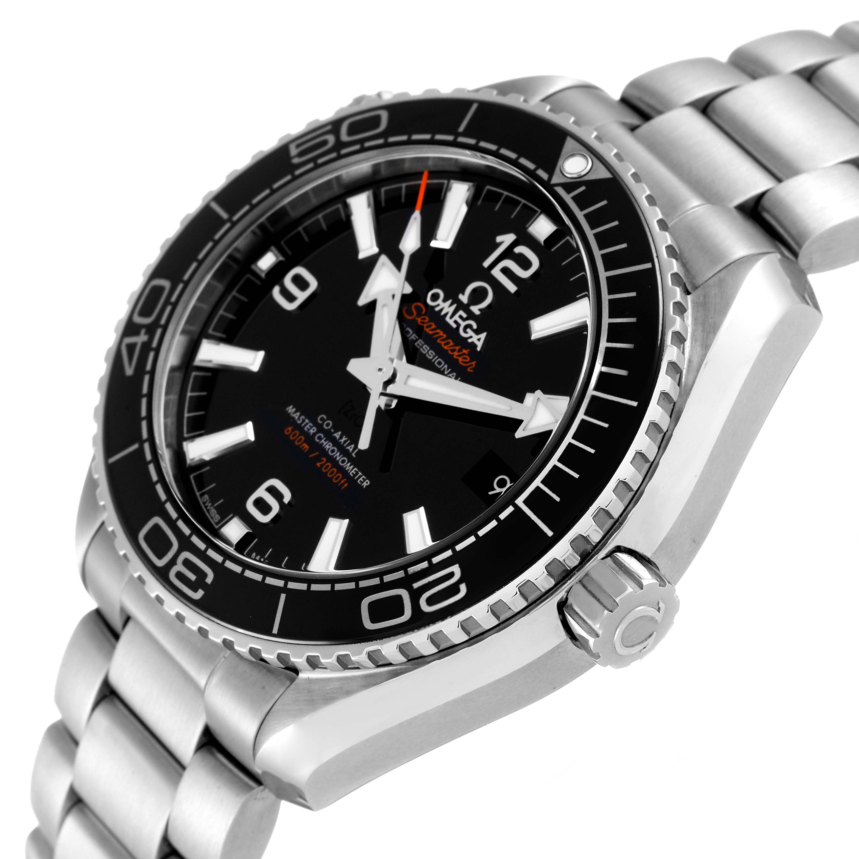 The image shows an angled view of the Omega Planet Ocean 215.30.40.20.01.001 Men
s Stainless Steel Black Dial 215.30.40.20.01.001 Men
s Stainless Steel Black Dial watch, highlighting the bezel, face, and stainless steel bracelet.