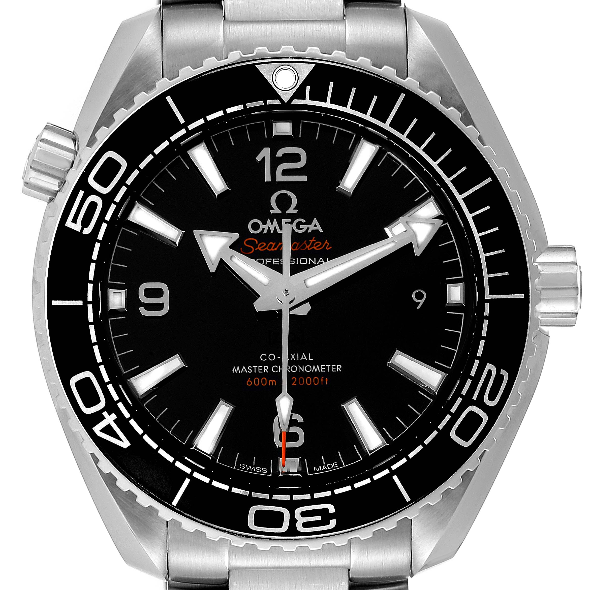 The Omega Planet Ocean 215.30.40.20.01.001 Men
s Stainless Steel Black Dial 215.30.40.20.01.001 Men
s Stainless Steel Black Dial watch is shown from the front, displaying its black dial, bezel, and stainless steel case and bracelet.