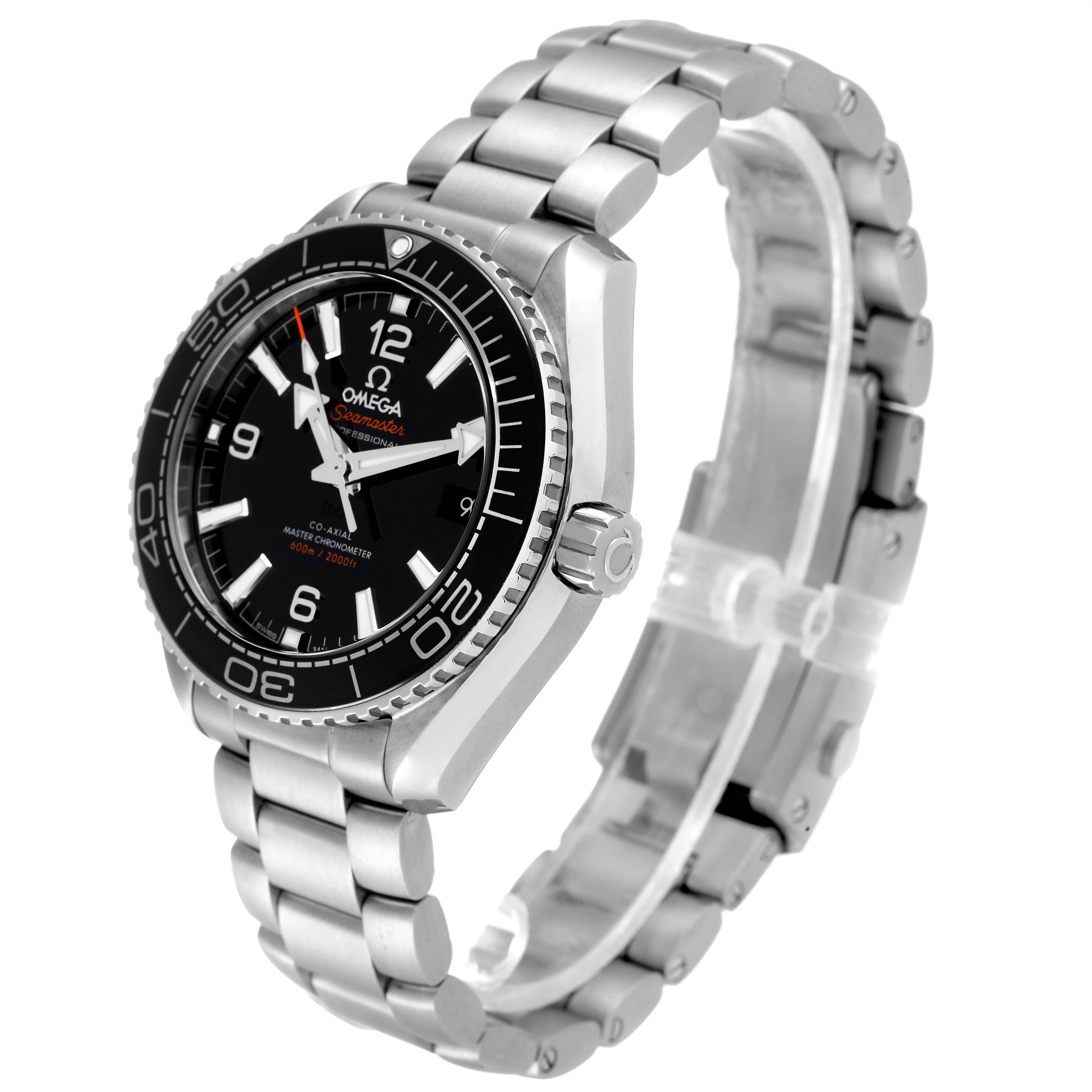 The Omega Planet Ocean 215.30.40.20.01.001 Men
s Stainless Steel Black Dial 215.30.40.20.01.001 Men
s Stainless Steel Black Dial watch is shown at a three-quarter angle, highlighting its dial, bezel, and stainless steel bracelet.