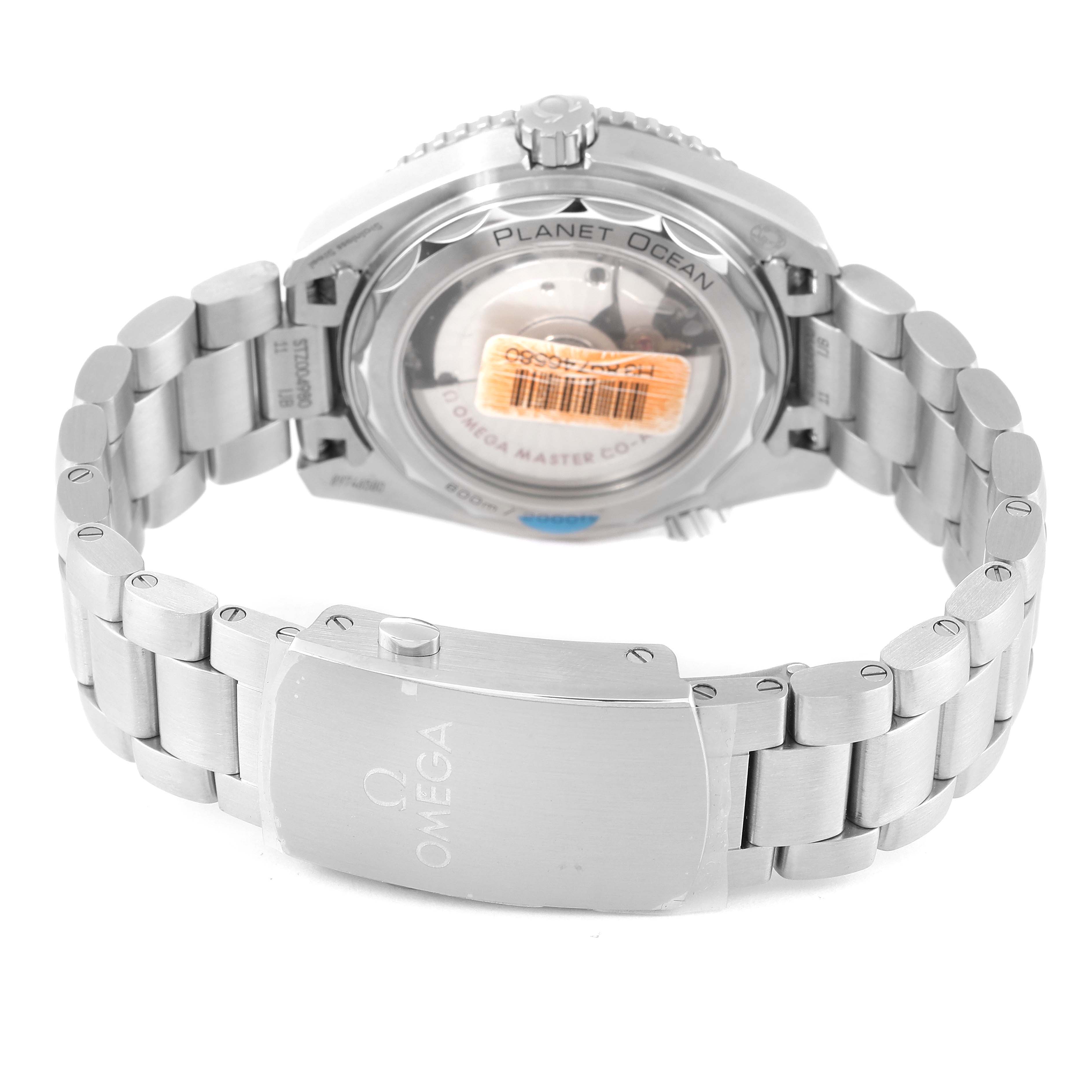 The image shows the back view of an Omega Planet Ocean 215.30.40.20.01.001 Men
s Stainless Steel Black Dial 215.30.40.20.01.001 Men
s Stainless Steel Black Dial watch, highlighting its case back, bracelet, and clasp.