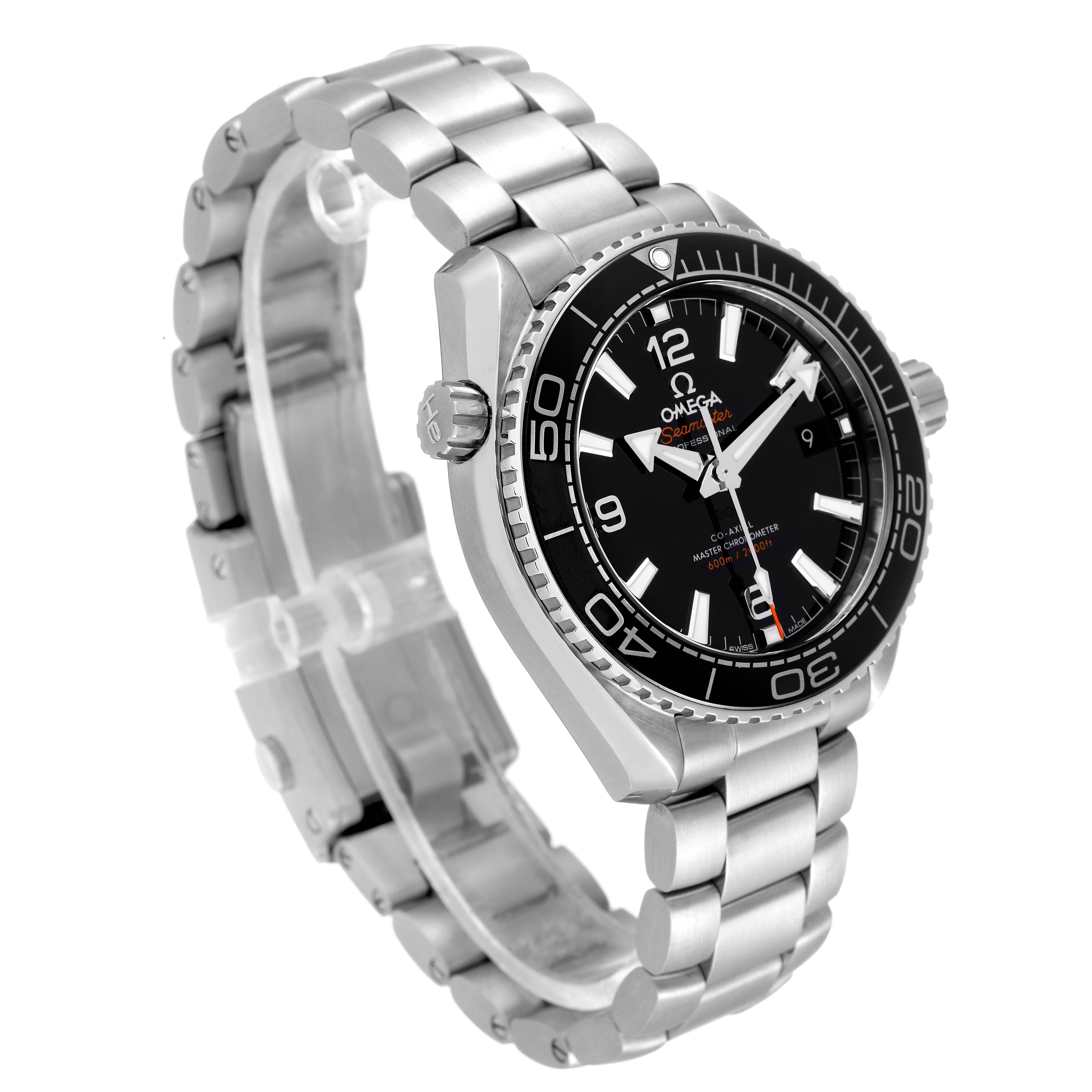 The image shows a side and front angled view of the Omega Planet Ocean 215.30.40.20.01.001 Men
s Stainless Steel Black Dial 215.30.40.20.01.001 Men
s Stainless Steel Black Dial watch, featuring its stainless steel bracelet and black dial.