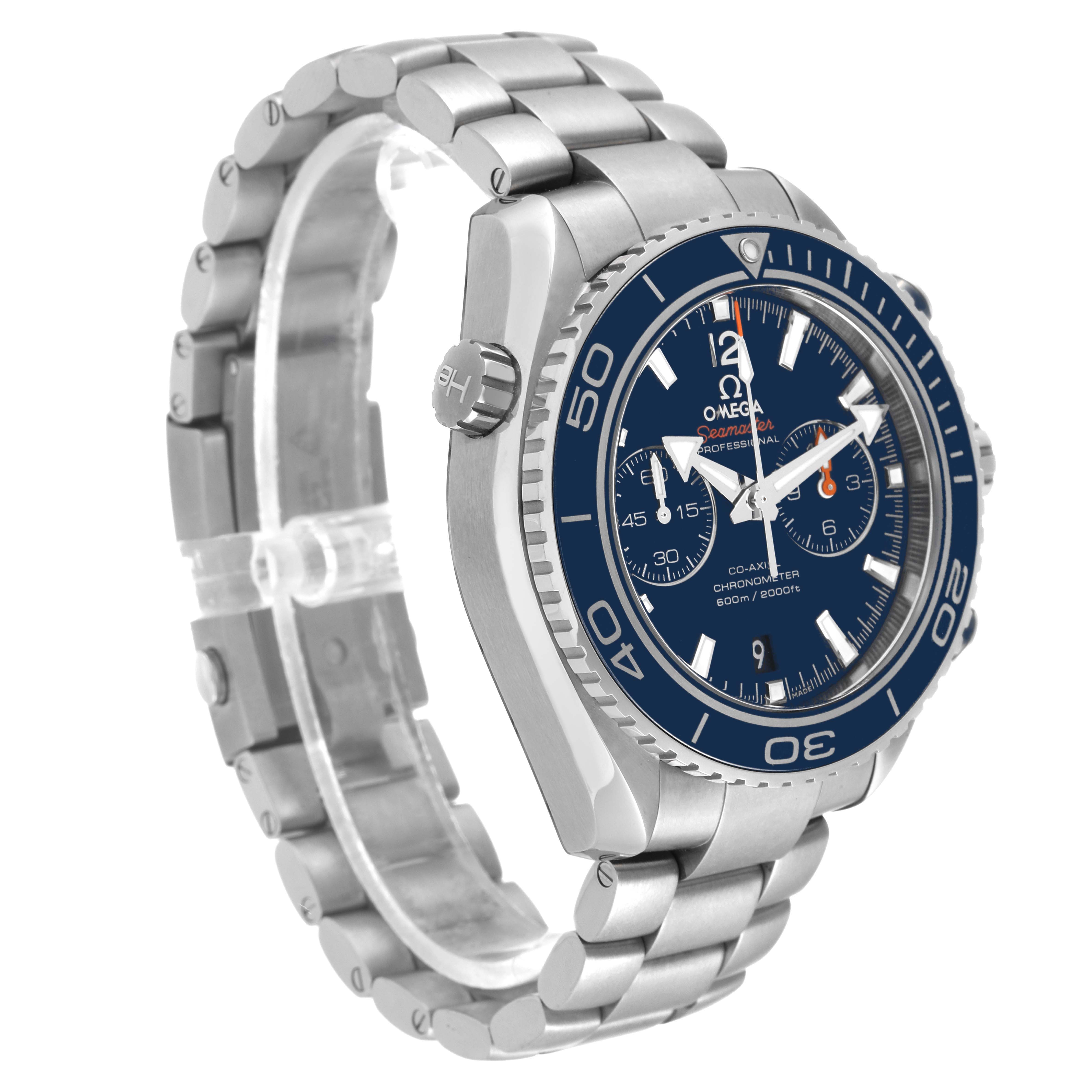 This image shows an angled side view of the Omega Planet Ocean 232.90.46.51.03.001 Men's Stainless Steel Blue Dial 232.90.46.51.03.001 Men's Stainless Steel Blue Dial watch, highlighting the dial, bezel, crown, and bracelet.