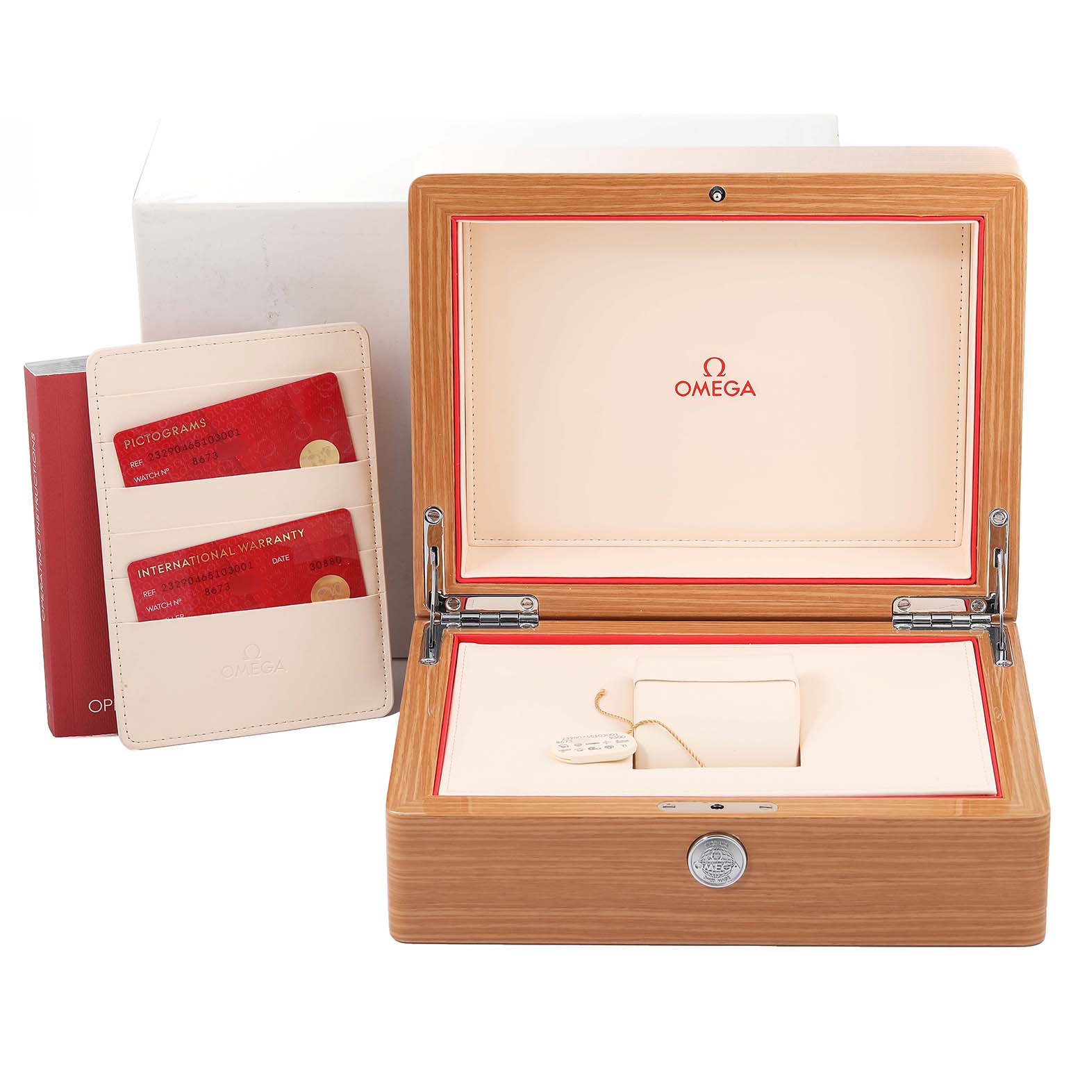 This image shows an open Omega Planet Ocean 232.90.46.51.03.001 Men's Stainless Steel Blue Dial 232.90.46.51.03.001 Men's Stainless Steel Blue Dial watch box and warranty cards with an upright angle.