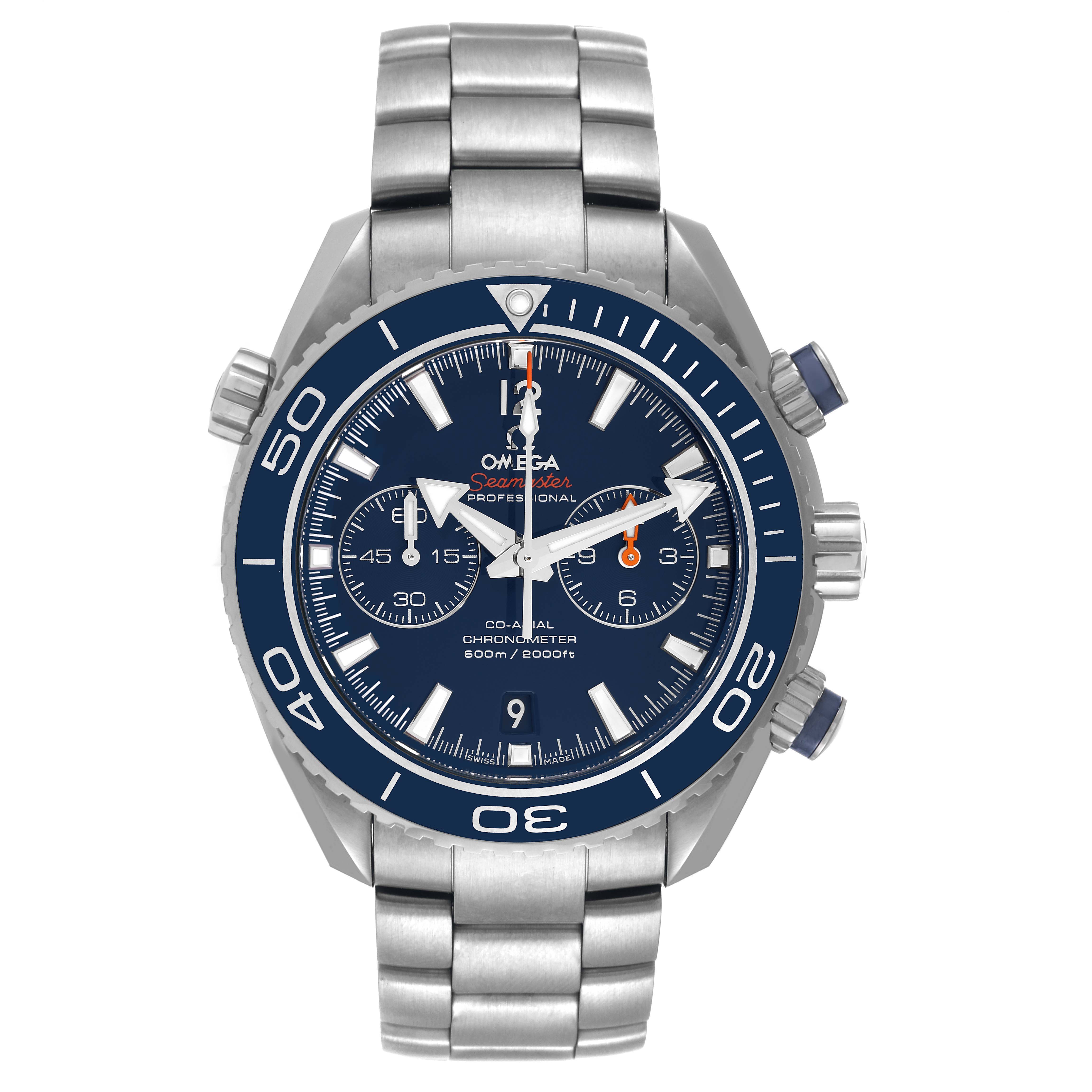 The image shows a front view of the Omega Planet Ocean 232.90.46.51.03.001 Men's Stainless Steel Blue Dial 232.90.46.51.03.001 Men's Stainless Steel Blue Dial watch, displaying the face, bezel, chronograph, and bracelet.