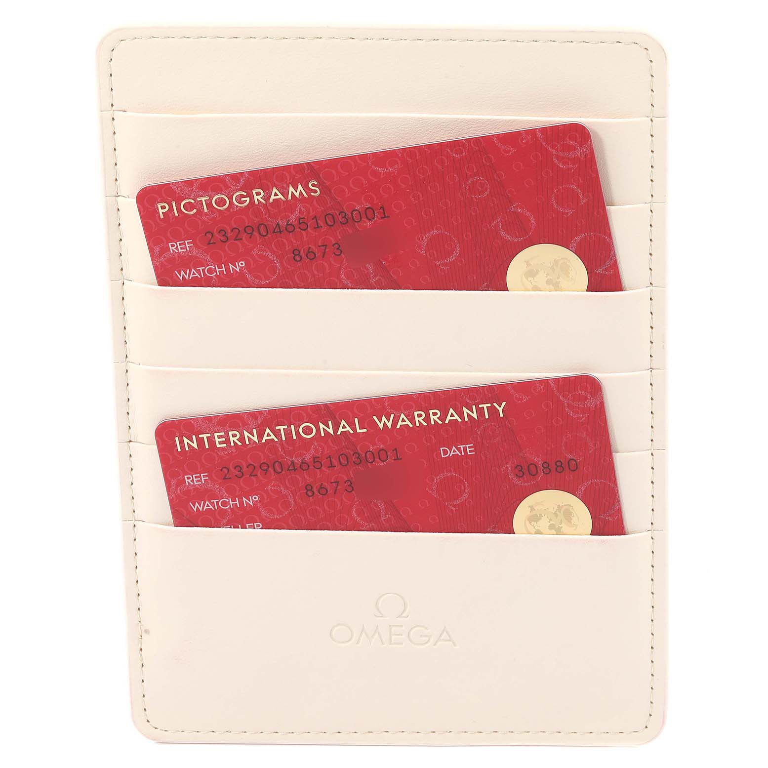 This image shows the warranty and pictogram cards for the Omega Planet Ocean 232.90.46.51.03.001 Men's Stainless Steel Blue Dial 232.90.46.51.03.001 Men's Stainless Steel Blue Dial model, placed in a branded cardholder.