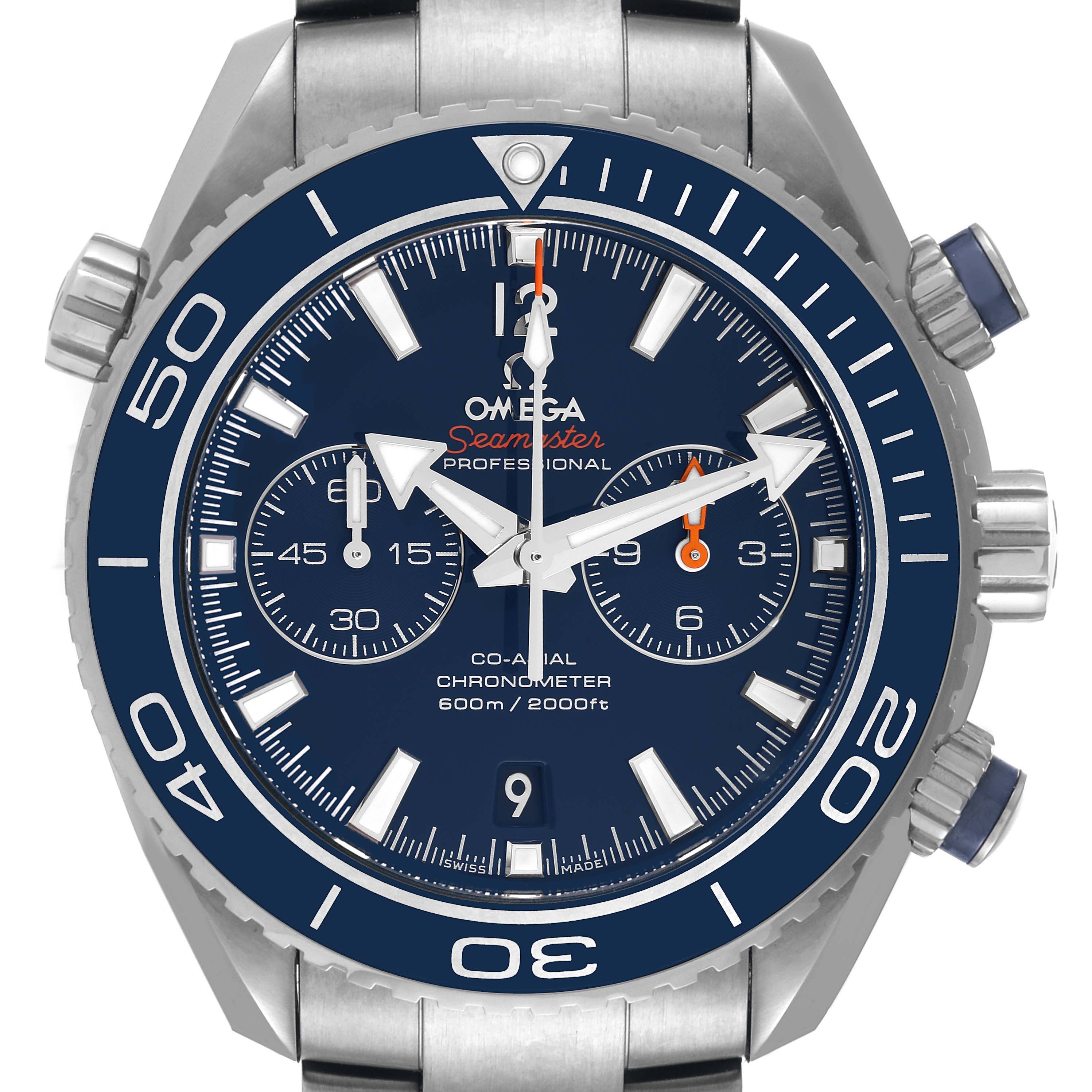 The Omega Planet Ocean 232.90.46.51.03.001 Men's Stainless Steel Blue Dial 232.90.46.51.03.001 Men's Stainless Steel Blue Dial watch is shown from the front, highlighting the dial, bezel, and chronograph.