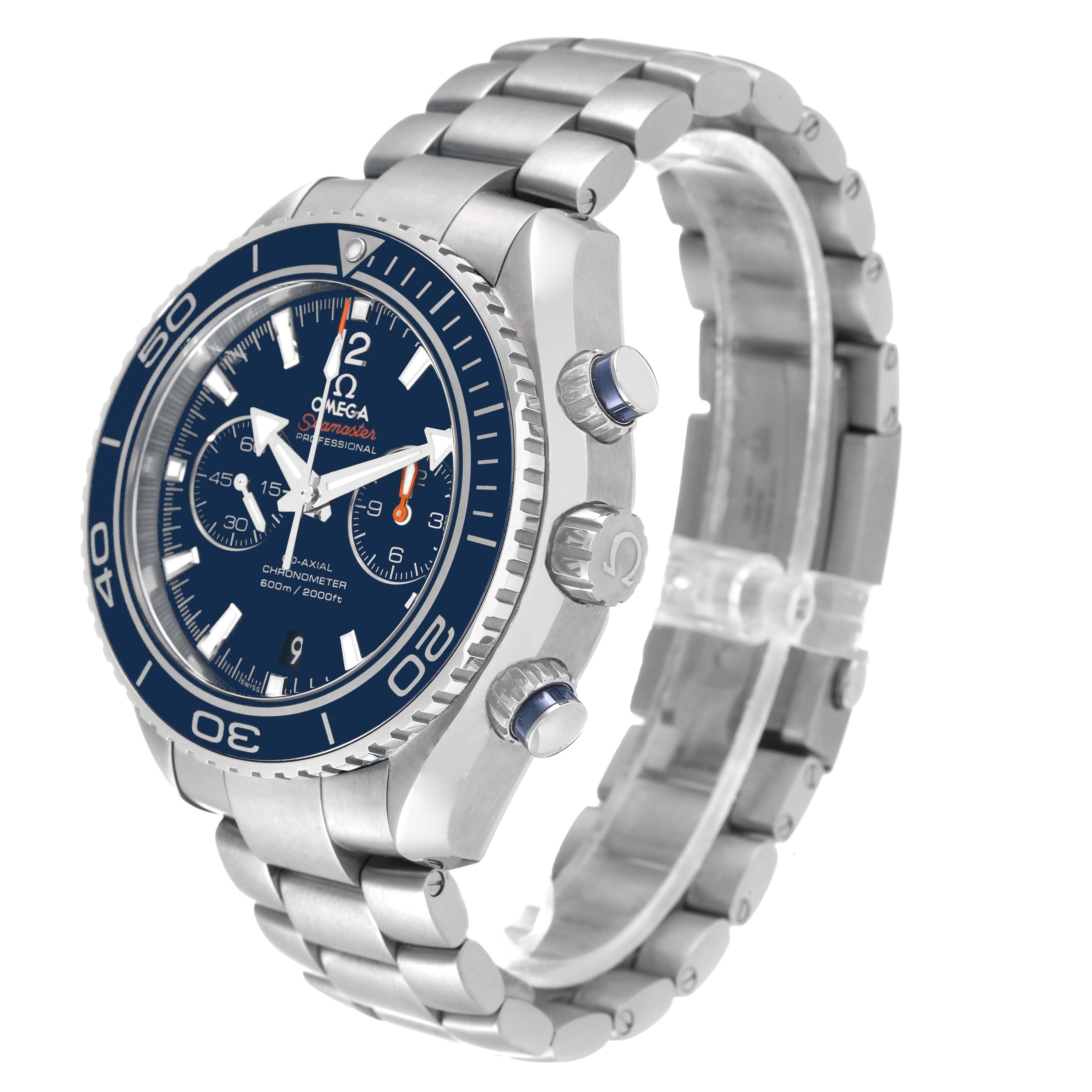 The Omega Planet Ocean 232.90.46.51.03.001 Men's Stainless Steel Blue Dial 232.90.46.51.03.001 Men's Stainless Steel Blue Dial watch is shown at a three-quarter angle highlighting its face, bezel, crown, pushers, and bracelet.