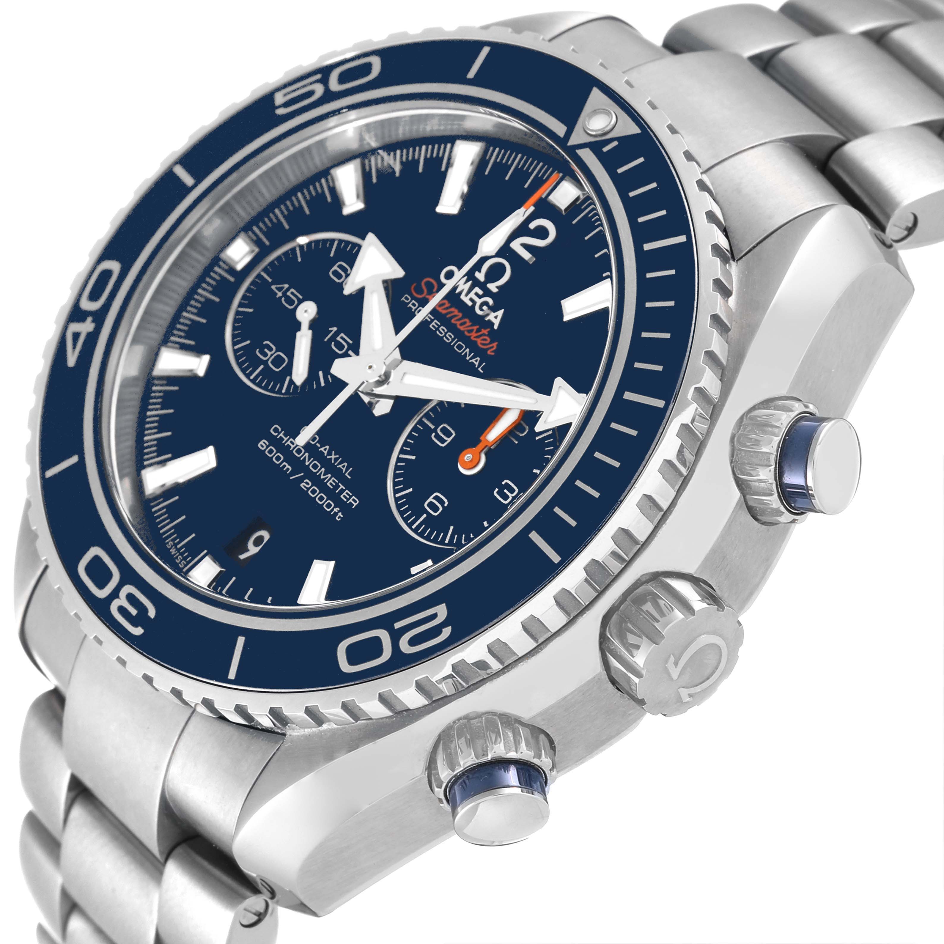 The image shows a close-up angle of the Omega Planet Ocean 232.90.46.51.03.001 Men's Stainless Steel Blue Dial 232.90.46.51.03.001 Men's Stainless Steel Blue Dial watch, highlighting its face, bezel, and side buttons.