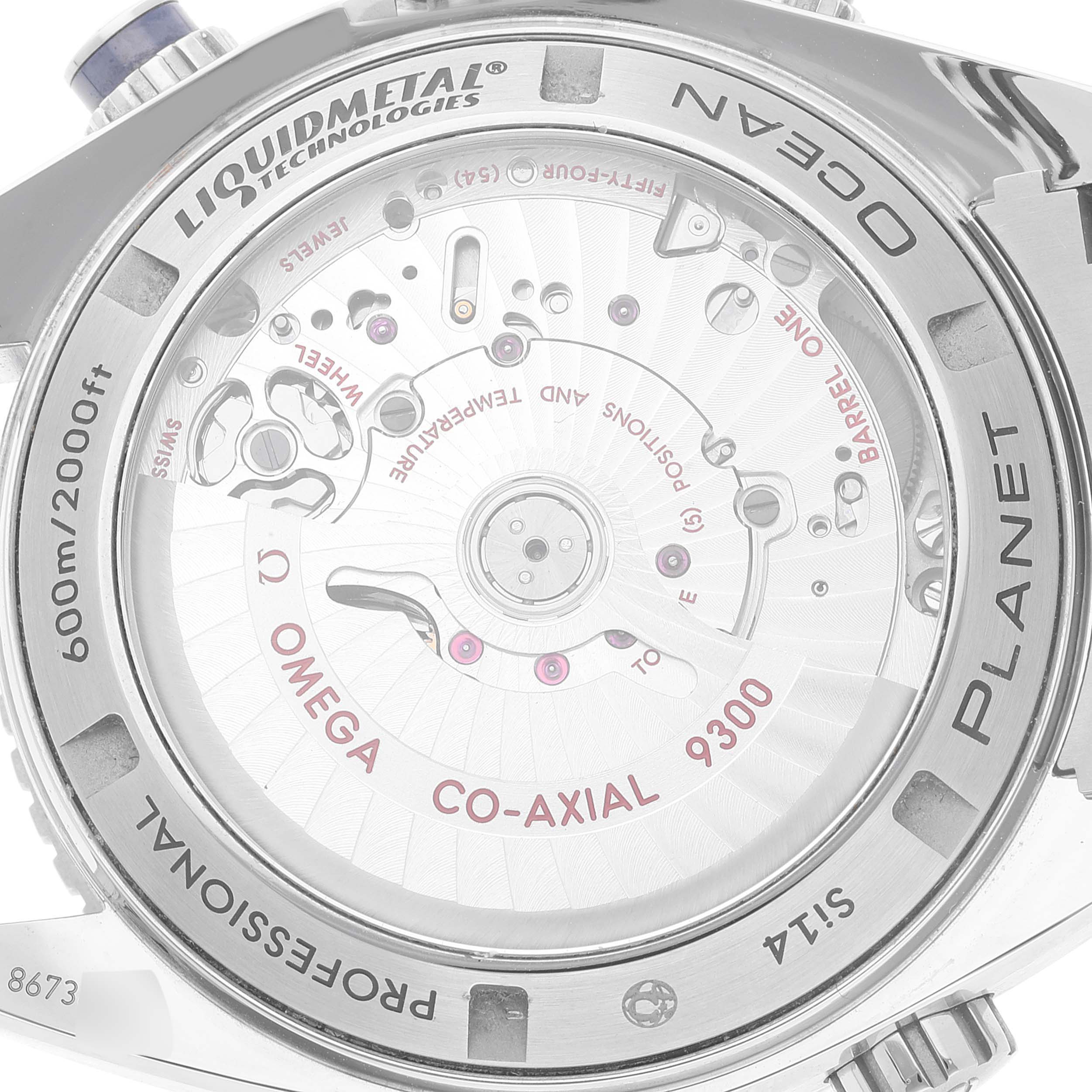 The image shows the back case and movement of the Omega Planet Ocean 232.90.46.51.03.001 Men's Stainless Steel Blue Dial 232.90.46.51.03.001 Men's Stainless Steel Blue Dial watch, emphasizing the Liquidmetal technology inscription.