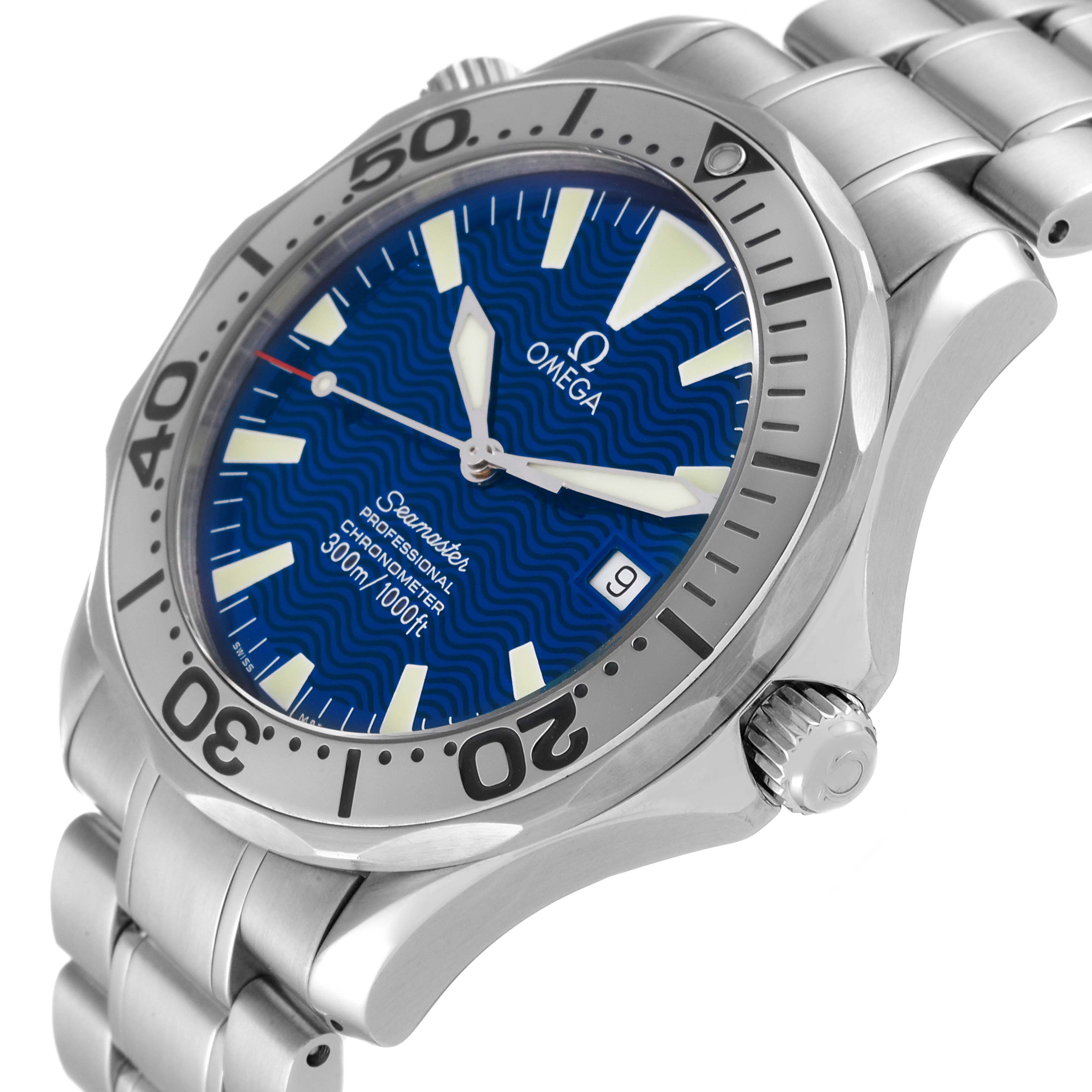 The image shows an Omega Seamaster 2255.80.00 Men's Stainless Steel Blue Dial 2255.80.00 Men's Stainless Steel Blue Dial watch angled from the front-left, highlighting the bezel, dial, crown, and part of the bracelet.