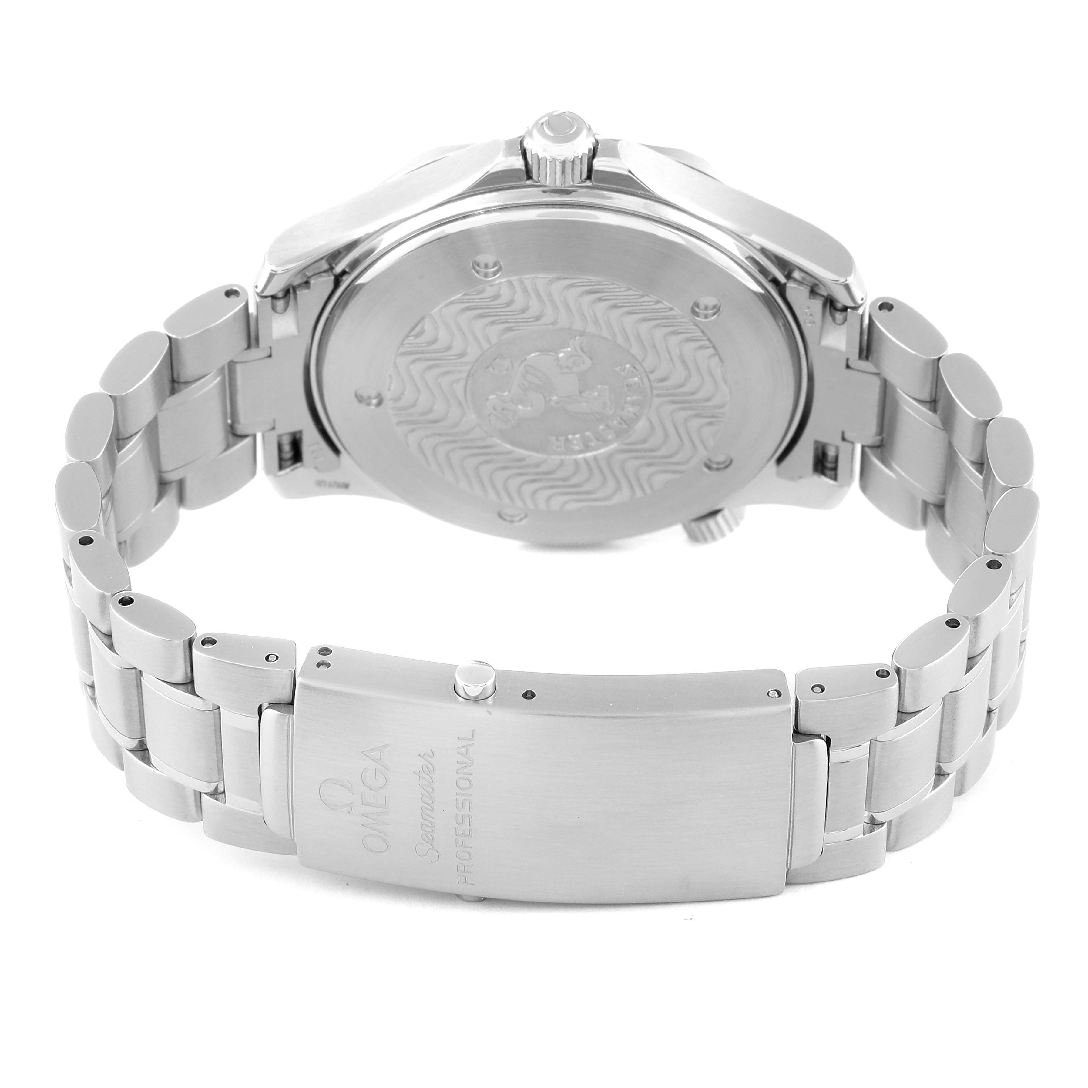 The image shows the back case and bracelet of an Omega Seamaster 2255.80.00 Men's Stainless Steel Blue Dial 2255.80.00 Men's Stainless Steel Blue Dial watch, including the clasp engraved with "Omega Seamaster 2255.80.00 Men's Stainless Steel Blue Dial 2255.80.00 Men's Stainless Steel Blue Dial Professional."