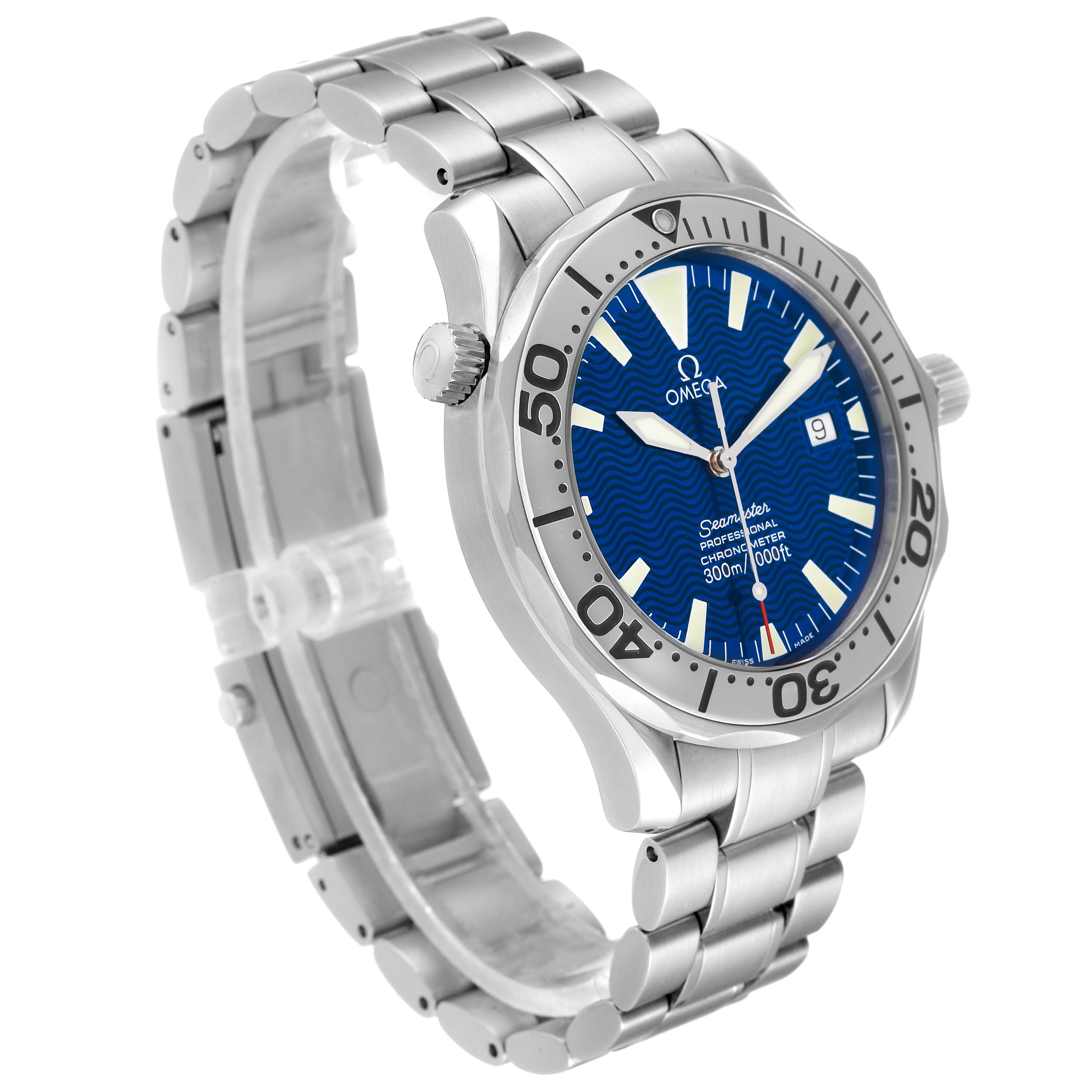 The Omega Seamaster 2255.80.00 Men's Stainless Steel Blue Dial 2255.80.00 Men's Stainless Steel Blue Dial watch is shown from a three-quarter angle, highlighting the dial, bezel, and stainless steel bracelet.