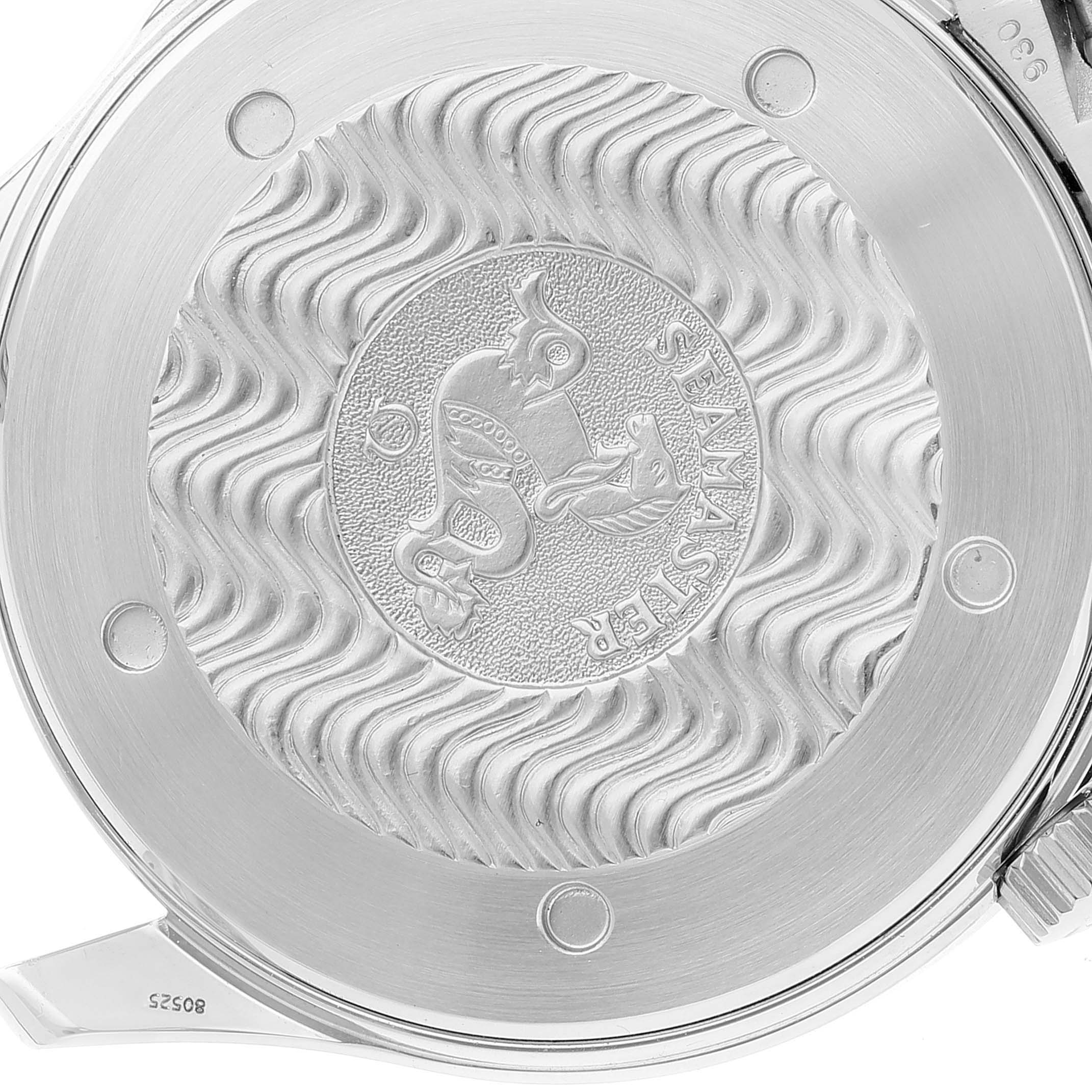 The image shows the back casing of an Omega Seamaster 2255.80.00 Men's Stainless Steel Blue Dial 2255.80.00 Men's Stainless Steel Blue Dial watch, featuring its engraved logo and design details.