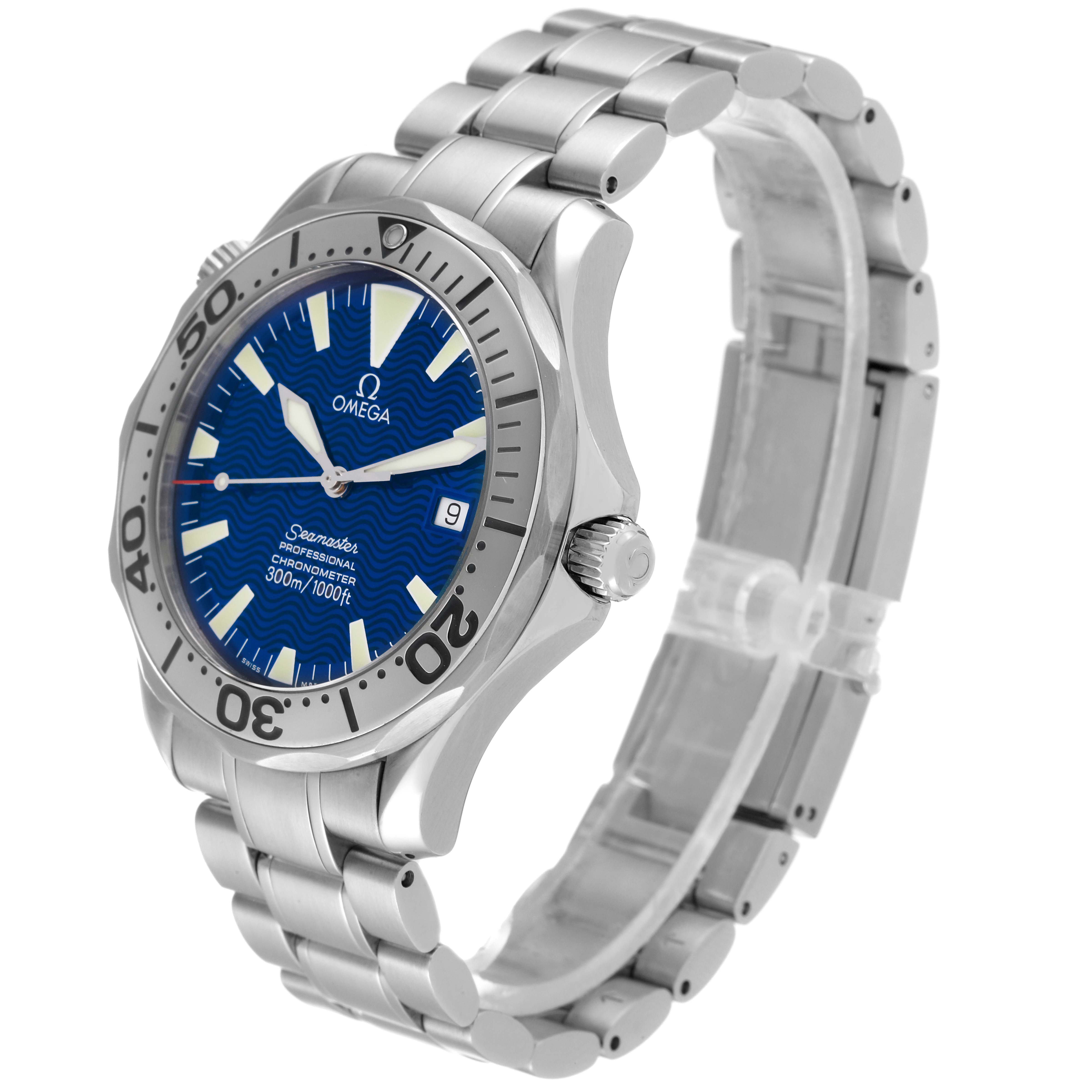 This Omega Seamaster 2255.80.00 Men's Stainless Steel Blue Dial 2255.80.00 Men's Stainless Steel Blue Dial watch is shown at a three-quarter angle, highlighting the bracelet, crown, bezel, and dial.