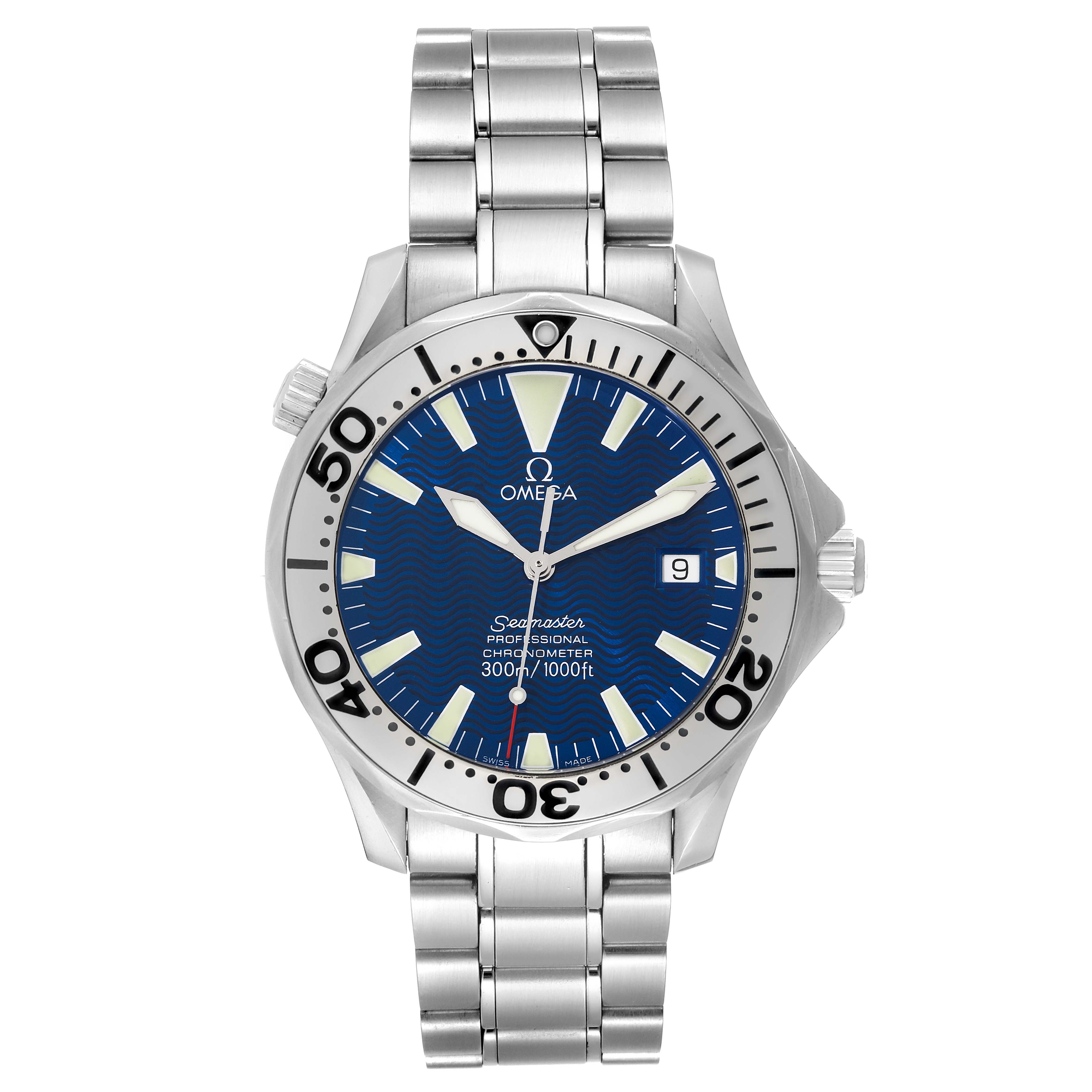 The Omega Seamaster 2255.80.00 Men's Stainless Steel Blue Dial 2255.80.00 Men's Stainless Steel Blue Dial watch is shown from a front angle, displaying the face, bezel, and bracelet.