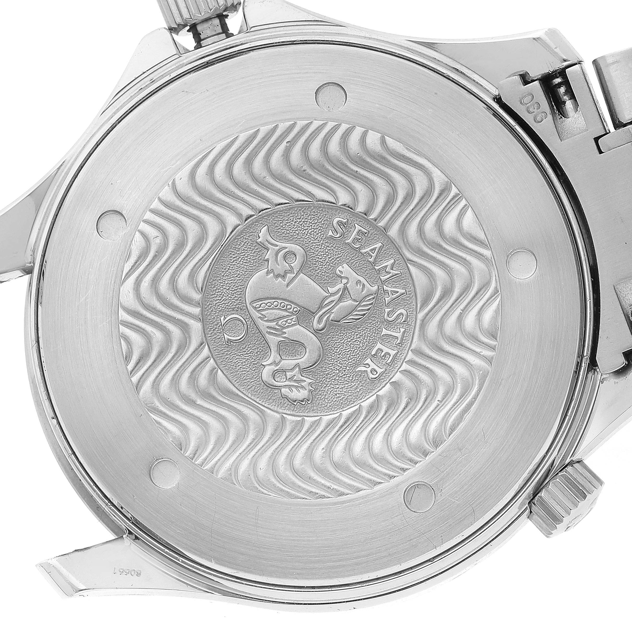 The image shows the back case of an Omega Seamaster 2255.80.00 Men's Stainless Steel Blue Dial 2255.80.00 Men's Stainless Steel Blue Dial watch, highlighting its engraved designs and branding.