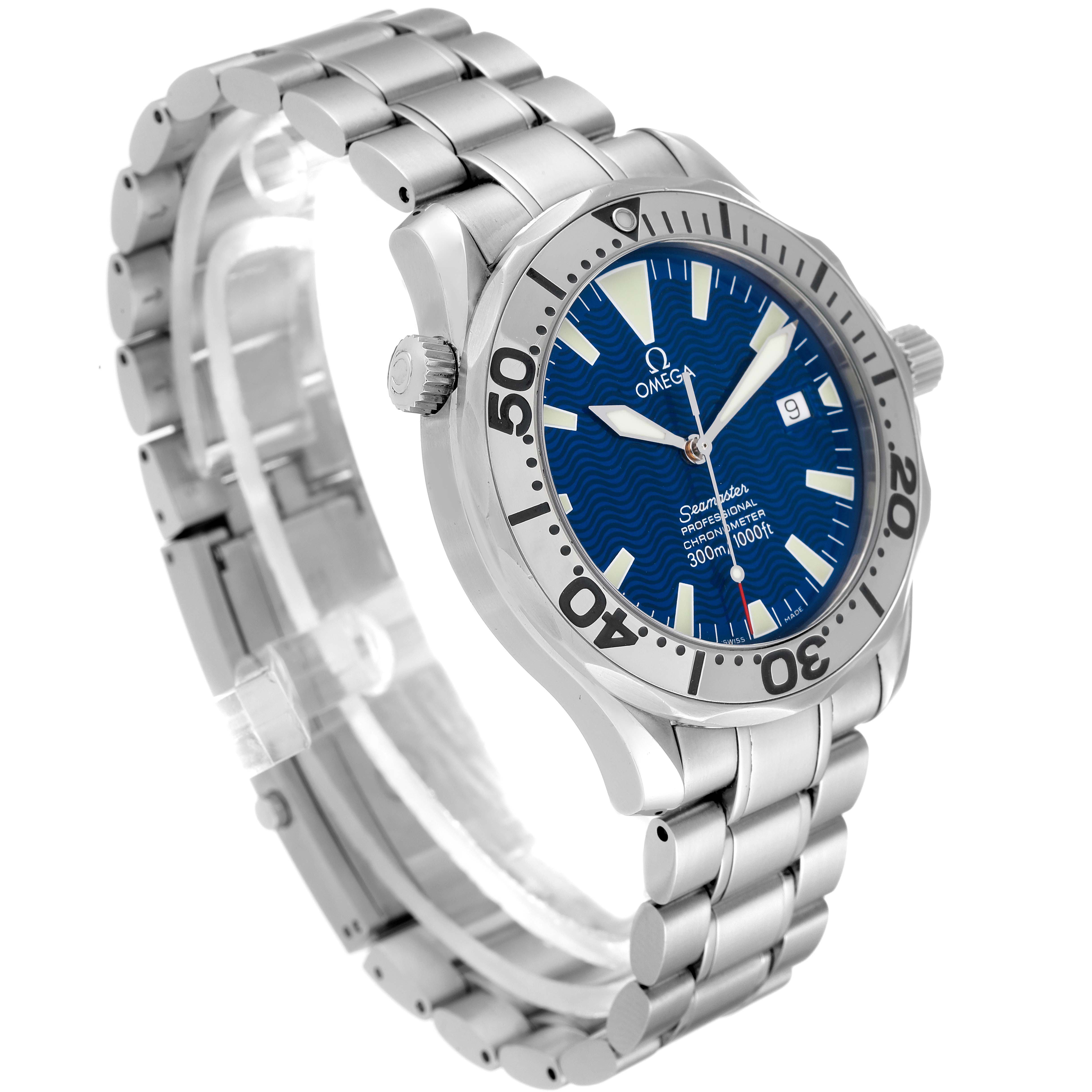 The image shows an Omega Seamaster 2255.80.00 Men's Stainless Steel Blue Dial 2255.80.00 Men's Stainless Steel Blue Dial watch at a three-quarter angle, highlighting the face, bezel, crown, and bracelet.