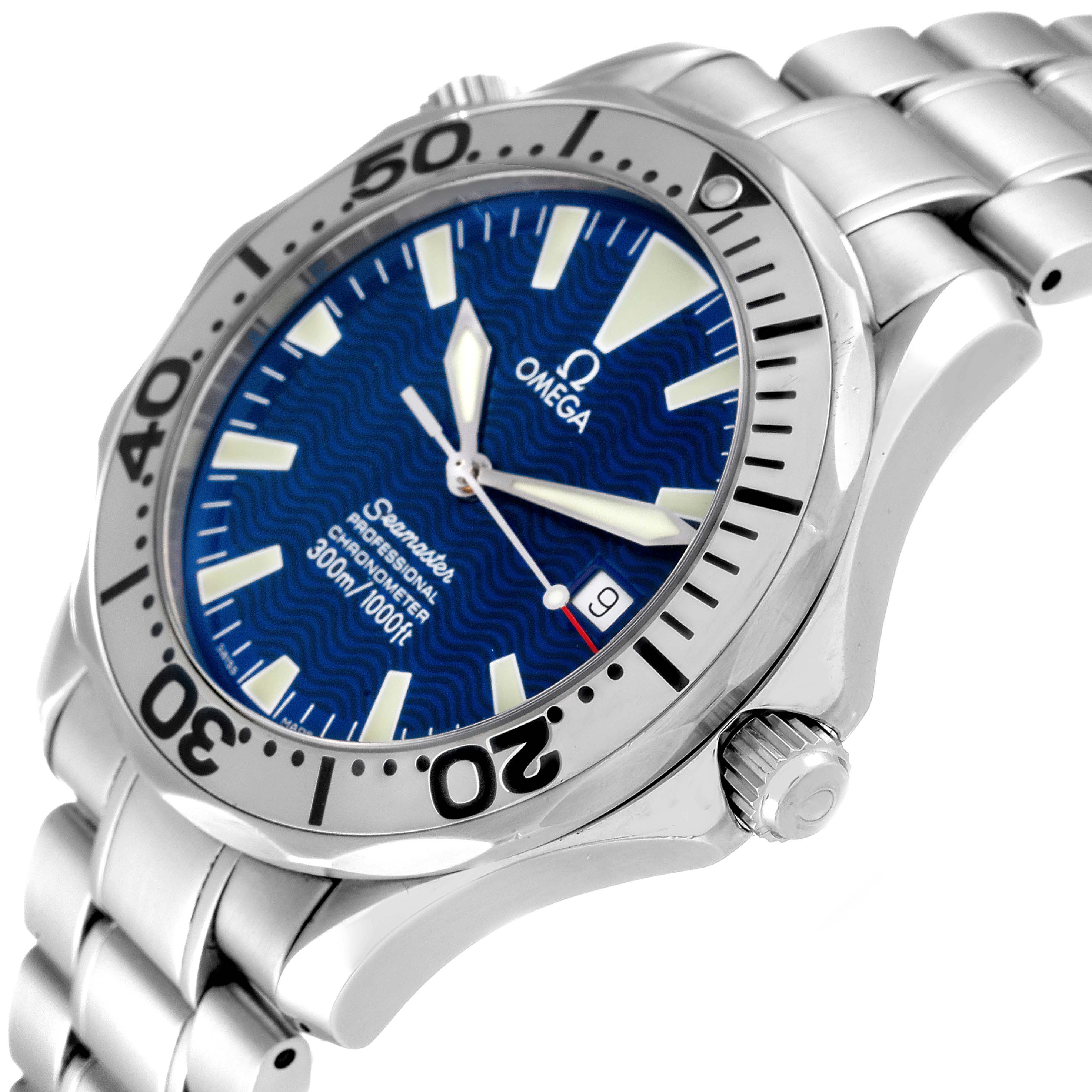This image shows a close-up angle of the Omega Seamaster 2255.80.00 Men's Stainless Steel Blue Dial 2255.80.00 Men's Stainless Steel Blue Dial watch, featuring the dial, bezel, crown, and part of the bracelet.