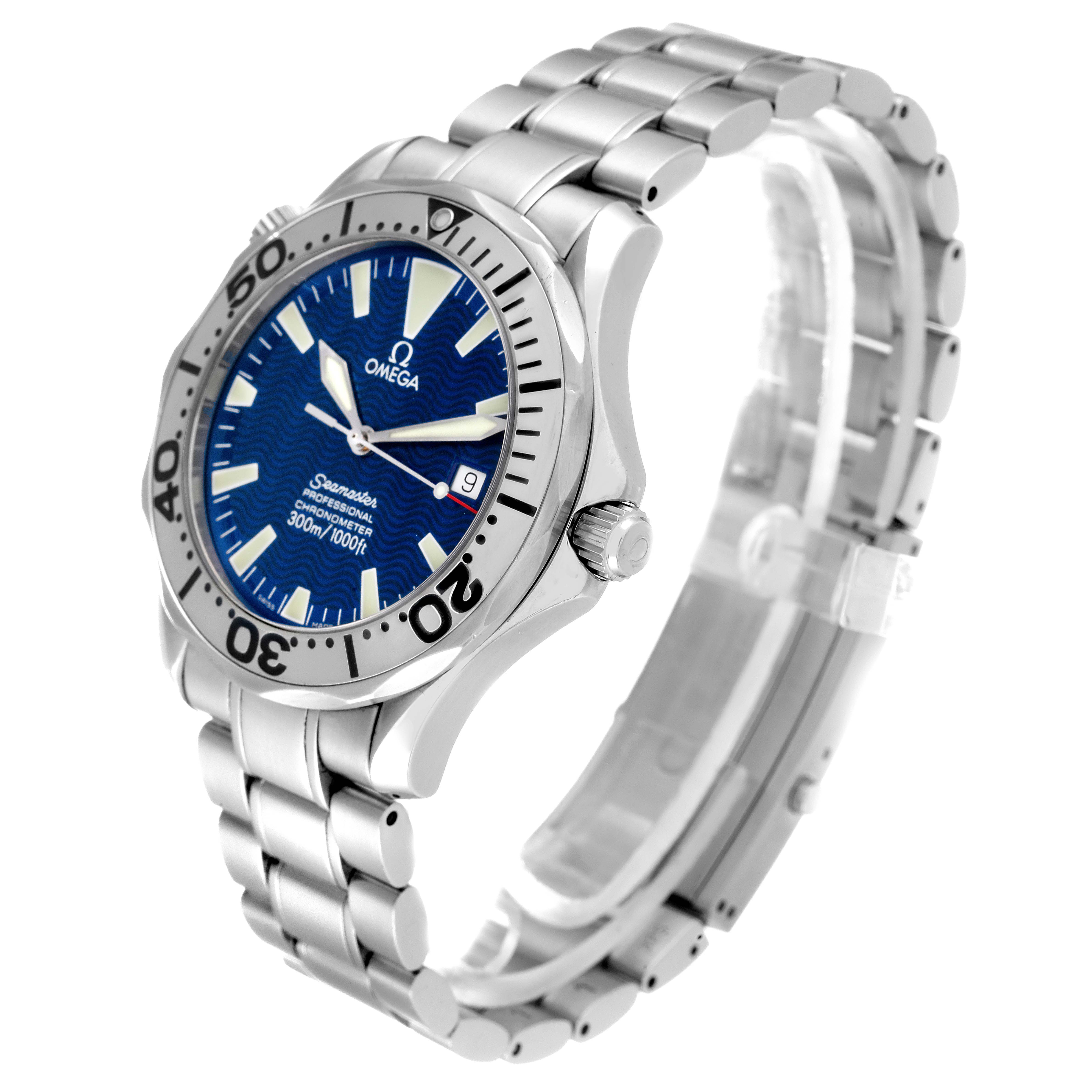 The image shows a three-quarter angle of the Omega Seamaster 2255.80.00 Men's Stainless Steel Blue Dial 2255.80.00 Men's Stainless Steel Blue Dial watch, displaying the face, bracelet, and crown.