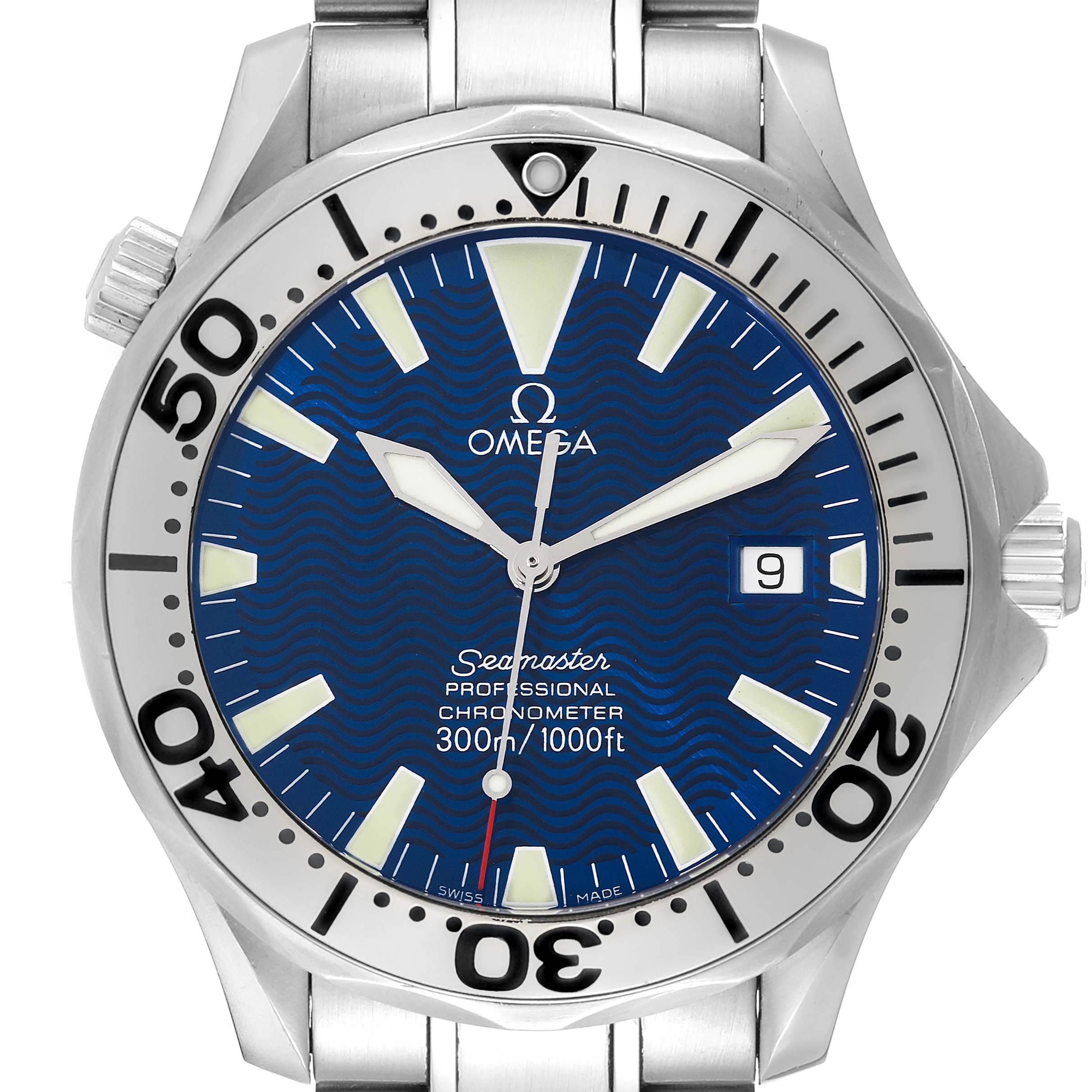 This image shows the front view of an Omega Seamaster 2255.80.00 Men's Stainless Steel Blue Dial 2255.80.00 Men's Stainless Steel Blue Dial watch, displaying its blue dial, bezel, and part of its bracelet.