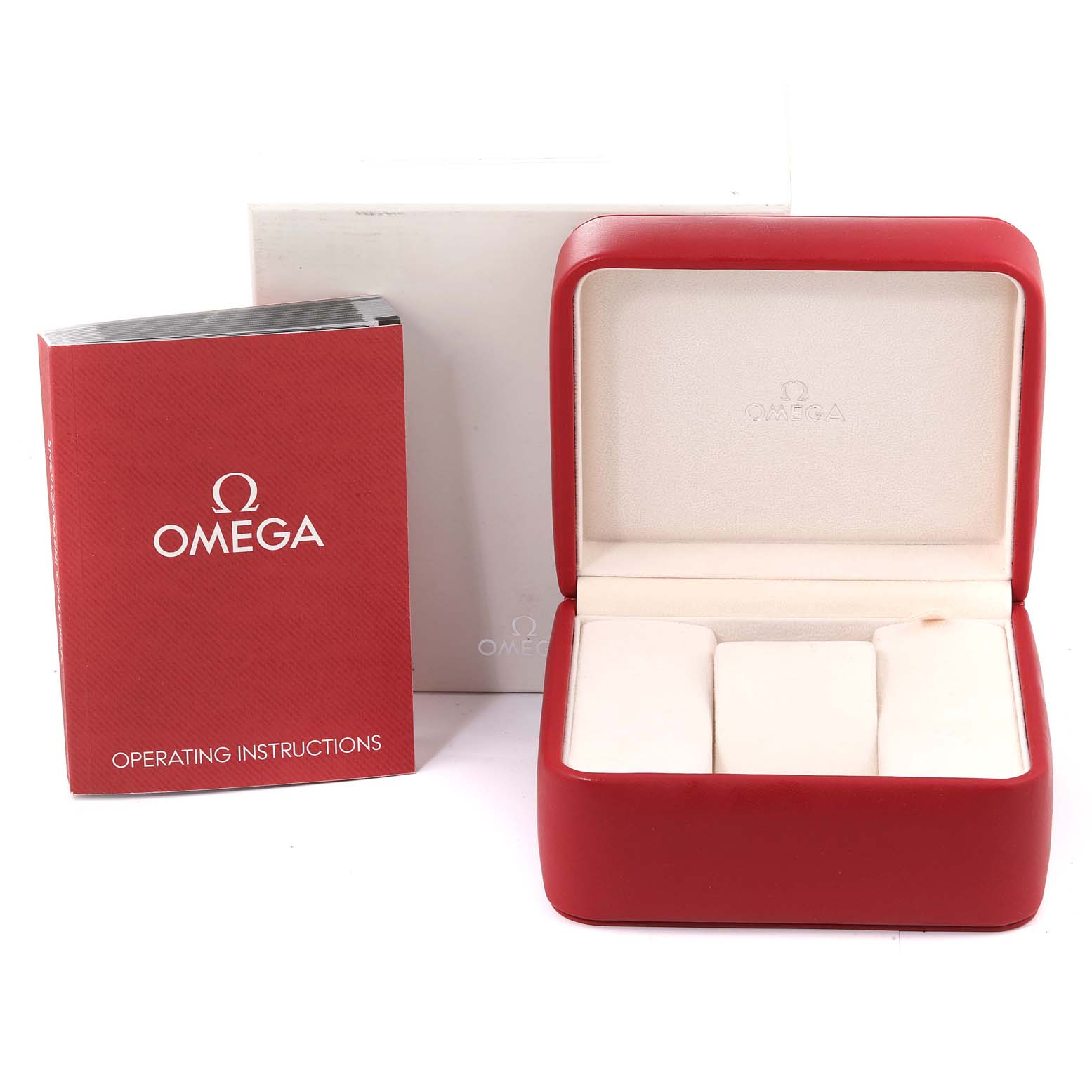 The image shows an empty red Omega Seamaster 2531.80.00 Men's Stainless Steel Blue Dial 2531.80.00 Men's Stainless Steel Blue Dial watch box, a red Omega operating instructions booklet, and a white outer box.