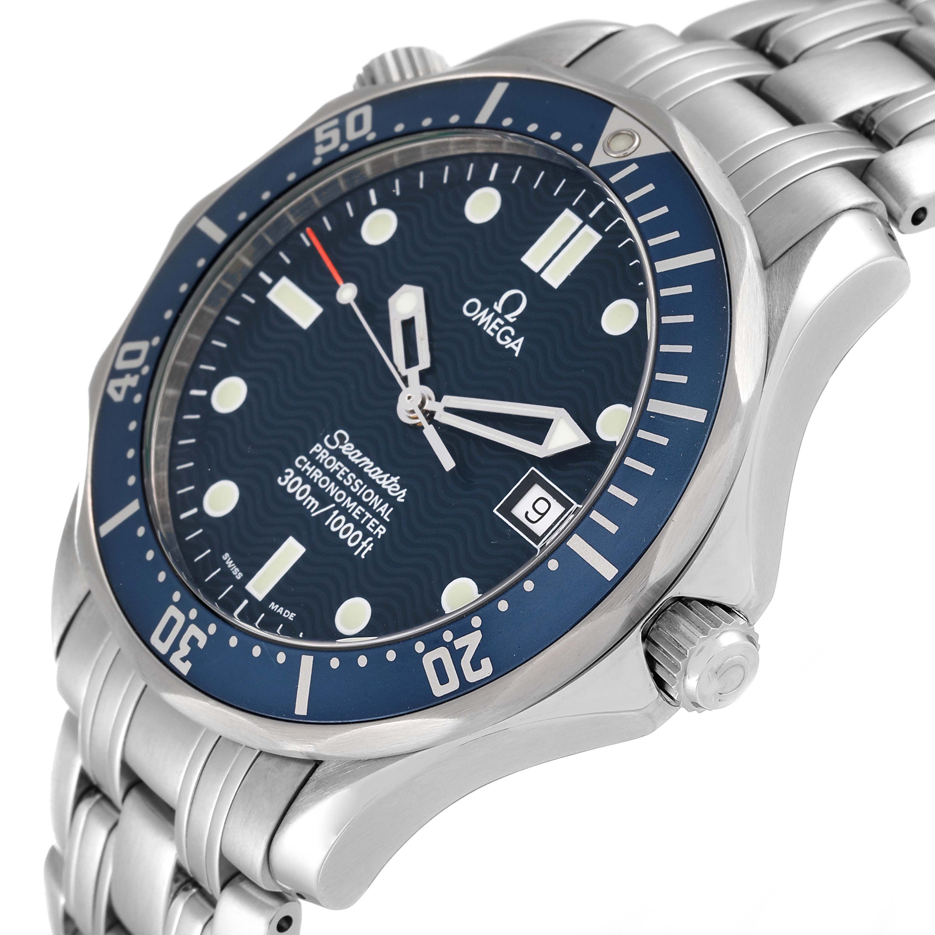 The image shows a close-up side angle of the Omega Seamaster 2531.80.00 Men's Stainless Steel Blue Dial 2531.80.00 Men's Stainless Steel Blue Dial watch, highlighting its bezel, dial, and metal bracelet.