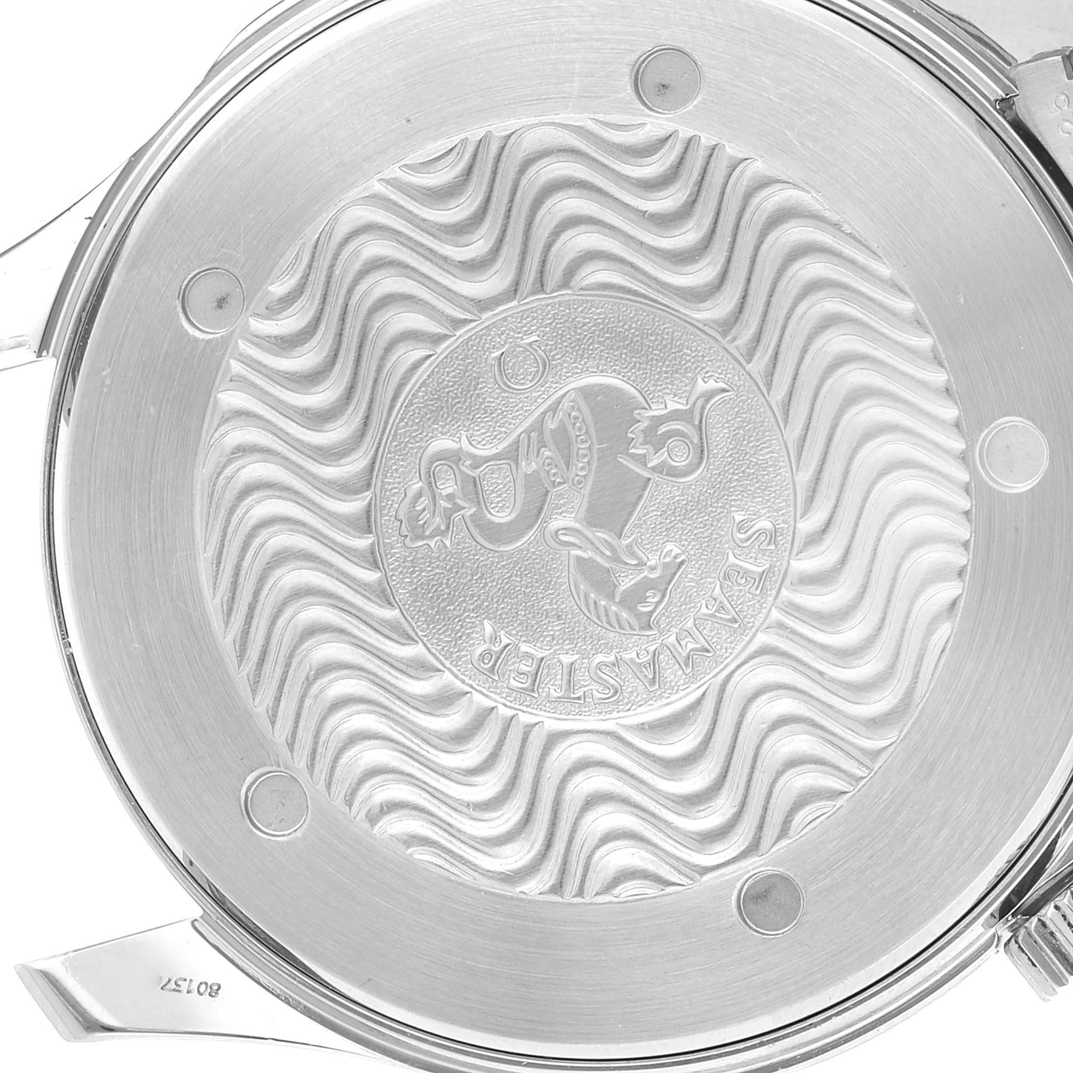 The image shows the back side of an Omega Seamaster 2531.80.00 Men's Stainless Steel Blue Dial 2531.80.00 Men's Stainless Steel Blue Dial watch with its distinctive wavy pattern and logo.