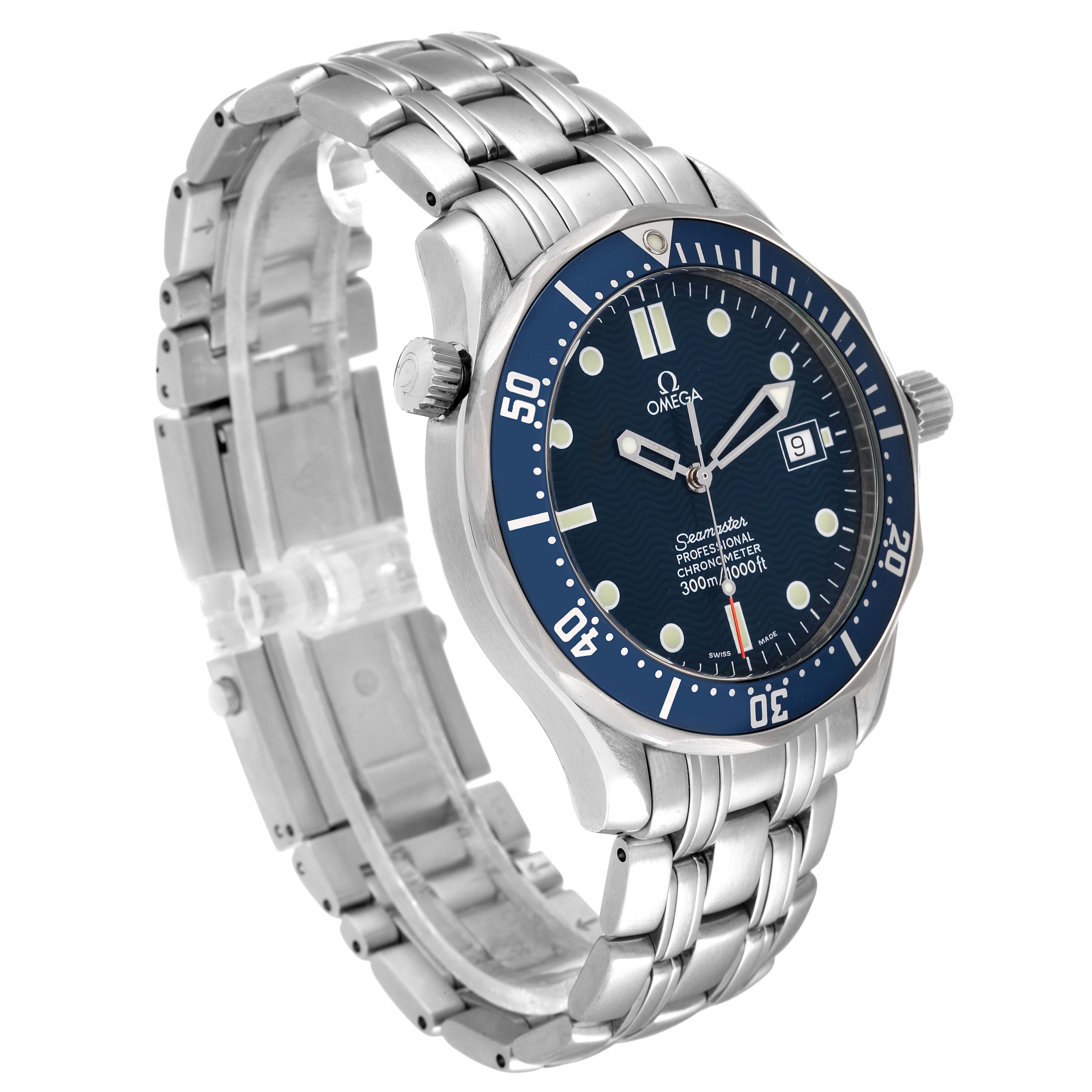 The image shows a side-angle view of an Omega Seamaster 2531.80.00 Men's Stainless Steel Blue Dial 2531.80.00 Men's Stainless Steel Blue Dial watch, highlighting its dial, bezel, crown, and metal band.
