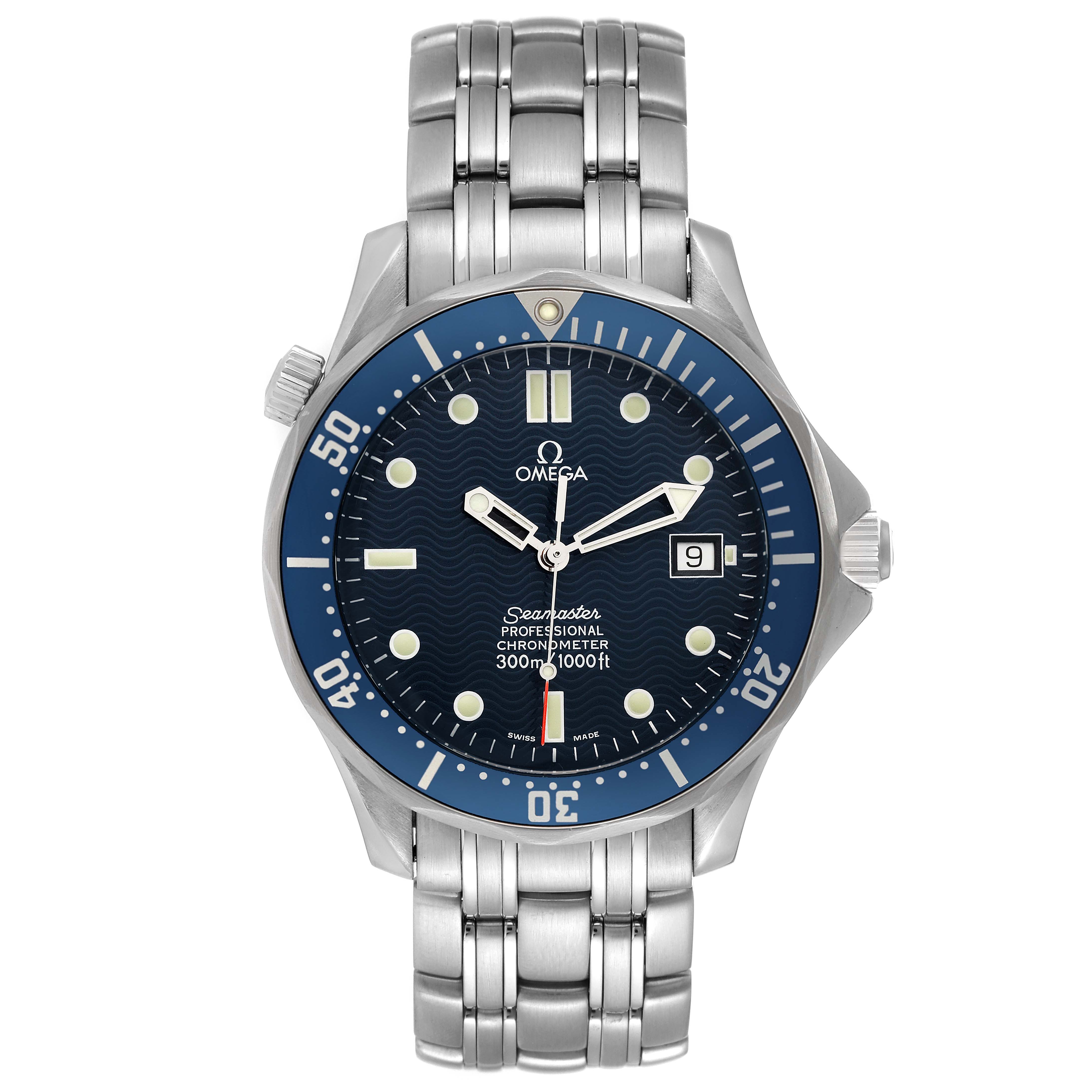 The image shows a front view of an Omega Seamaster 2531.80.00 Men's Stainless Steel Blue Dial 2531.80.00 Men's Stainless Steel Blue Dial watch, highlighting its blue dial, bezel, and metal bracelet.