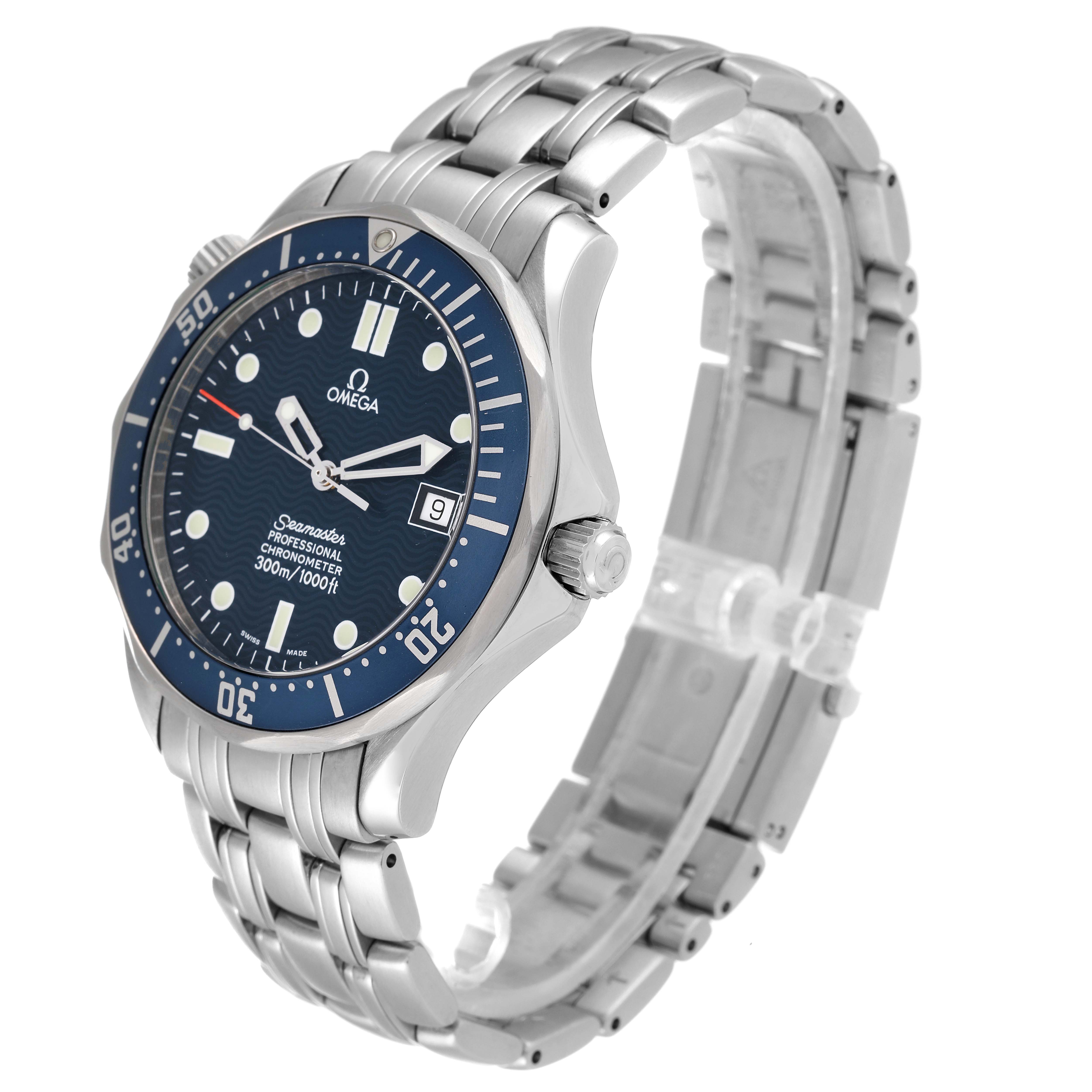 The Omega Seamaster 2531.80.00 Men's Stainless Steel Blue Dial 2531.80.00 Men's Stainless Steel Blue Dial watch is shown at a slightly angled side view highlighting the dial, bezel, crown, and metal bracelet.