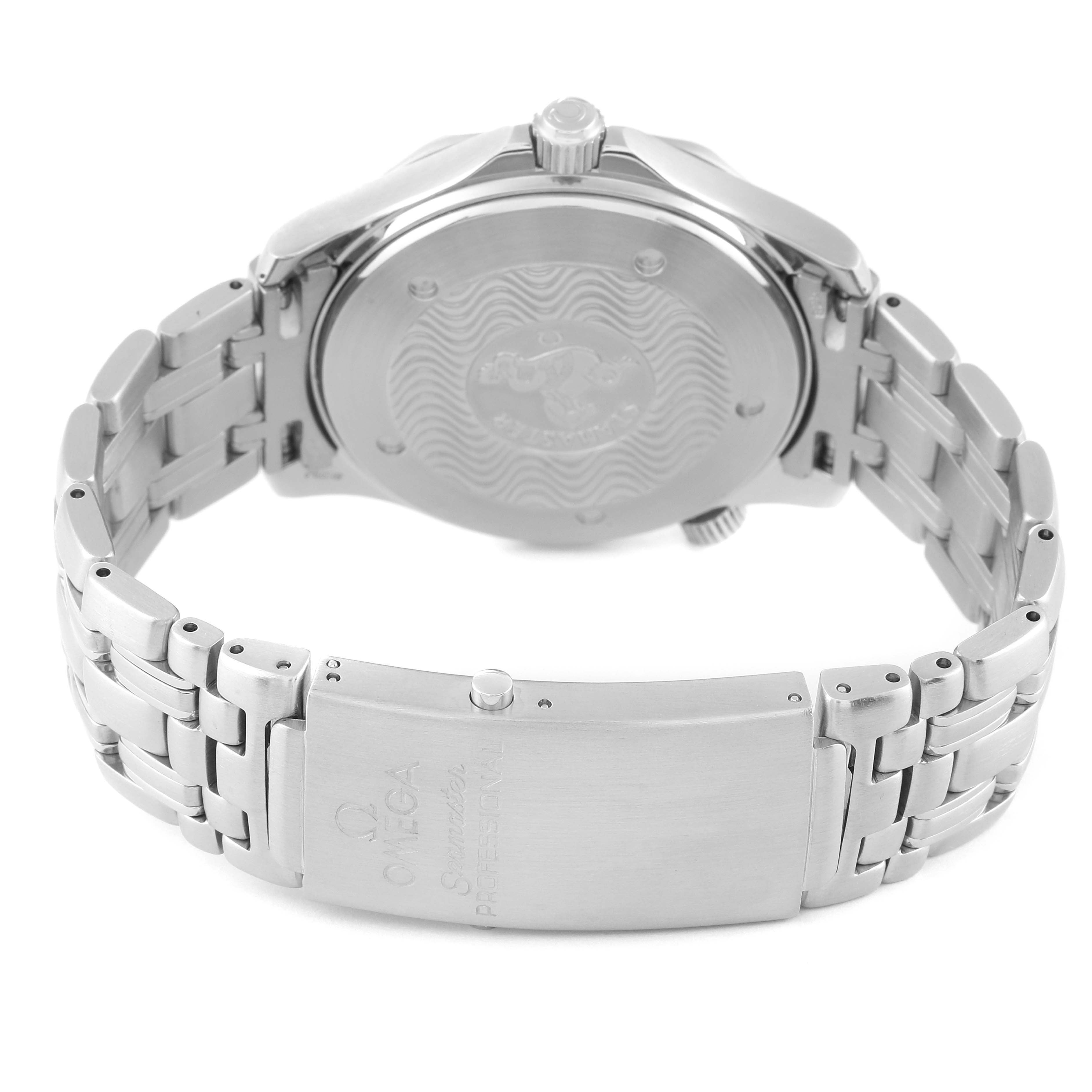 This image shows the back view of an Omega Seamaster 2531.80.00 Men's Stainless Steel Blue Dial 2531.80.00 Men's Stainless Steel Blue Dial watch, highlighting the case back and stainless steel bracelet with a clasp.