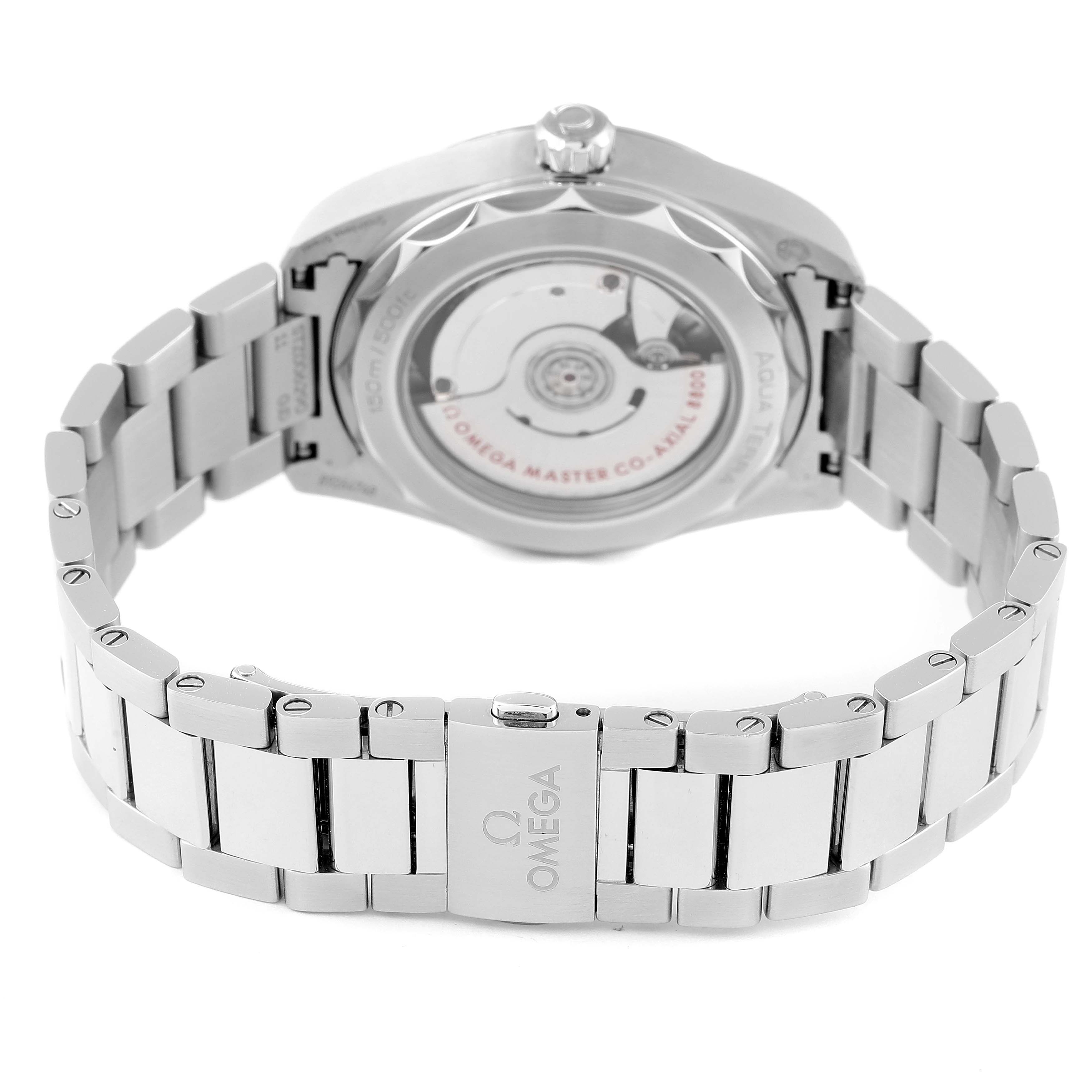 This image shows the back view of the Omega Aqua Terra 220.10.38.20.01.001 Men's Stainless Steel Black Dial 220.10.38.20.01.001 Men's Stainless Steel Black Dial watch, highlighting its bracelet and open case back.