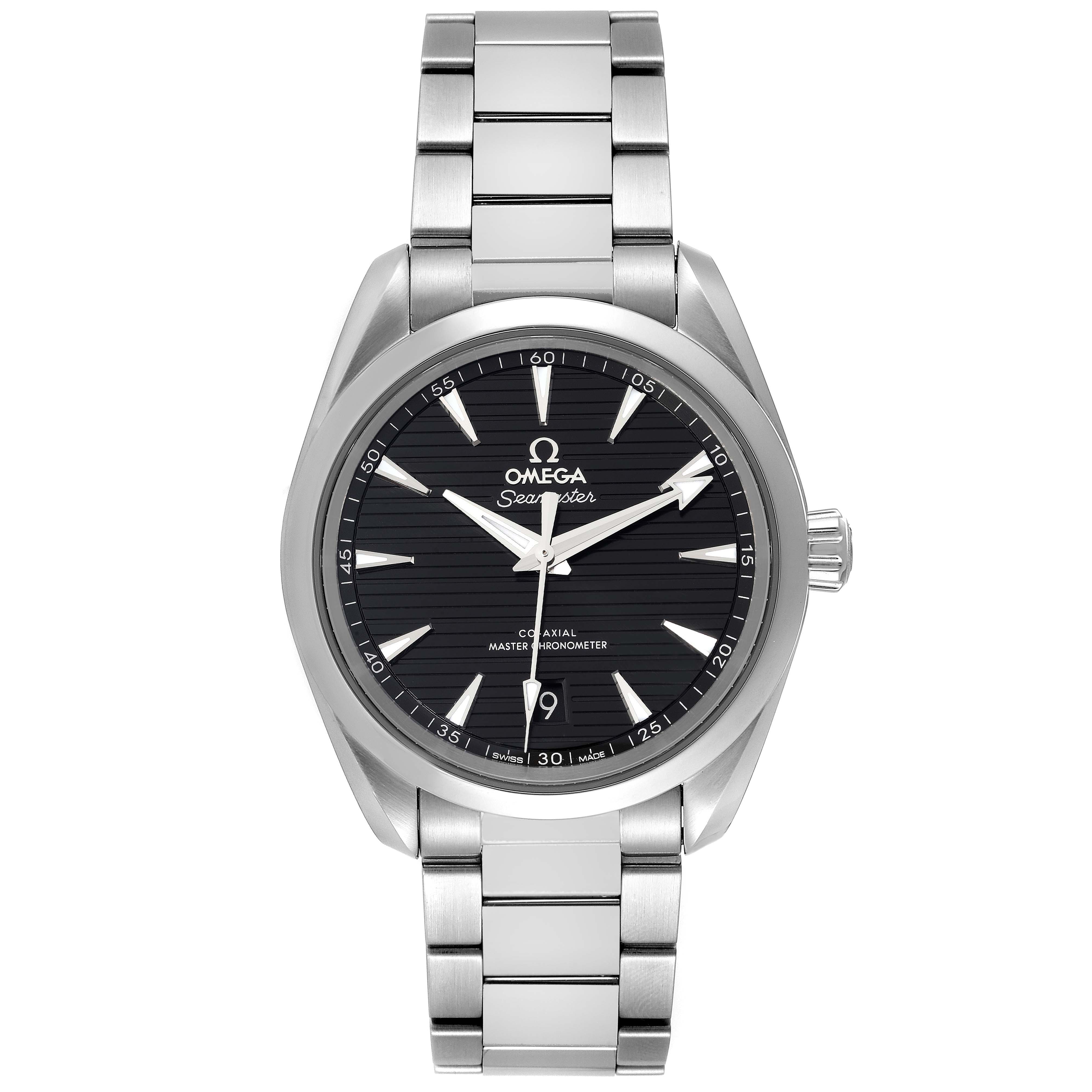 This image shows a front view of the Omega Aqua Terra 220.10.38.20.01.001 Men's Stainless Steel Black Dial 220.10.38.20.01.001 Men's Stainless Steel Black Dial watch, highlighting the dial, bezel, crown, and stainless steel bracelet.