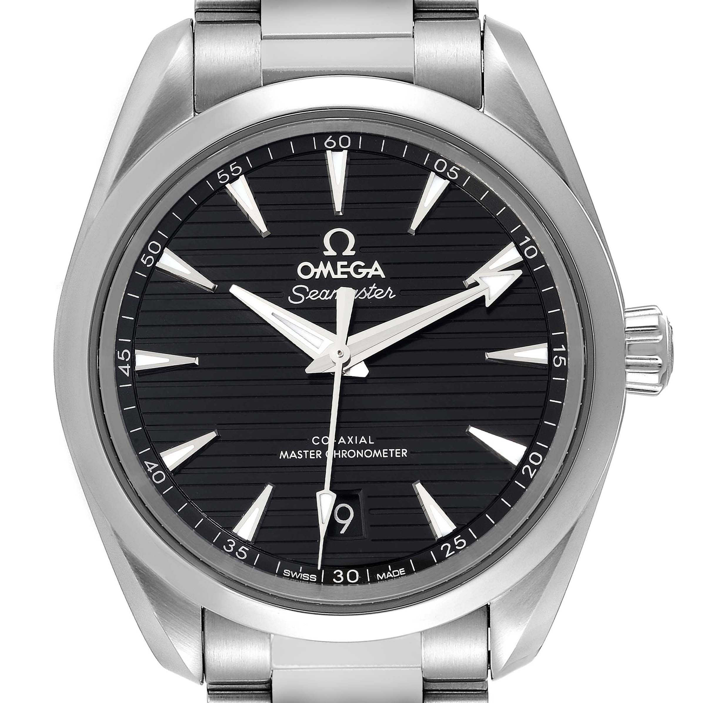 This image shows a front view of the Omega Aqua Terra 220.10.38.20.01.001 Men's Stainless Steel Black Dial 220.10.38.20.01.001 Men's Stainless Steel Black Dial watch, highlighting its black dial, silver indices, and date window.