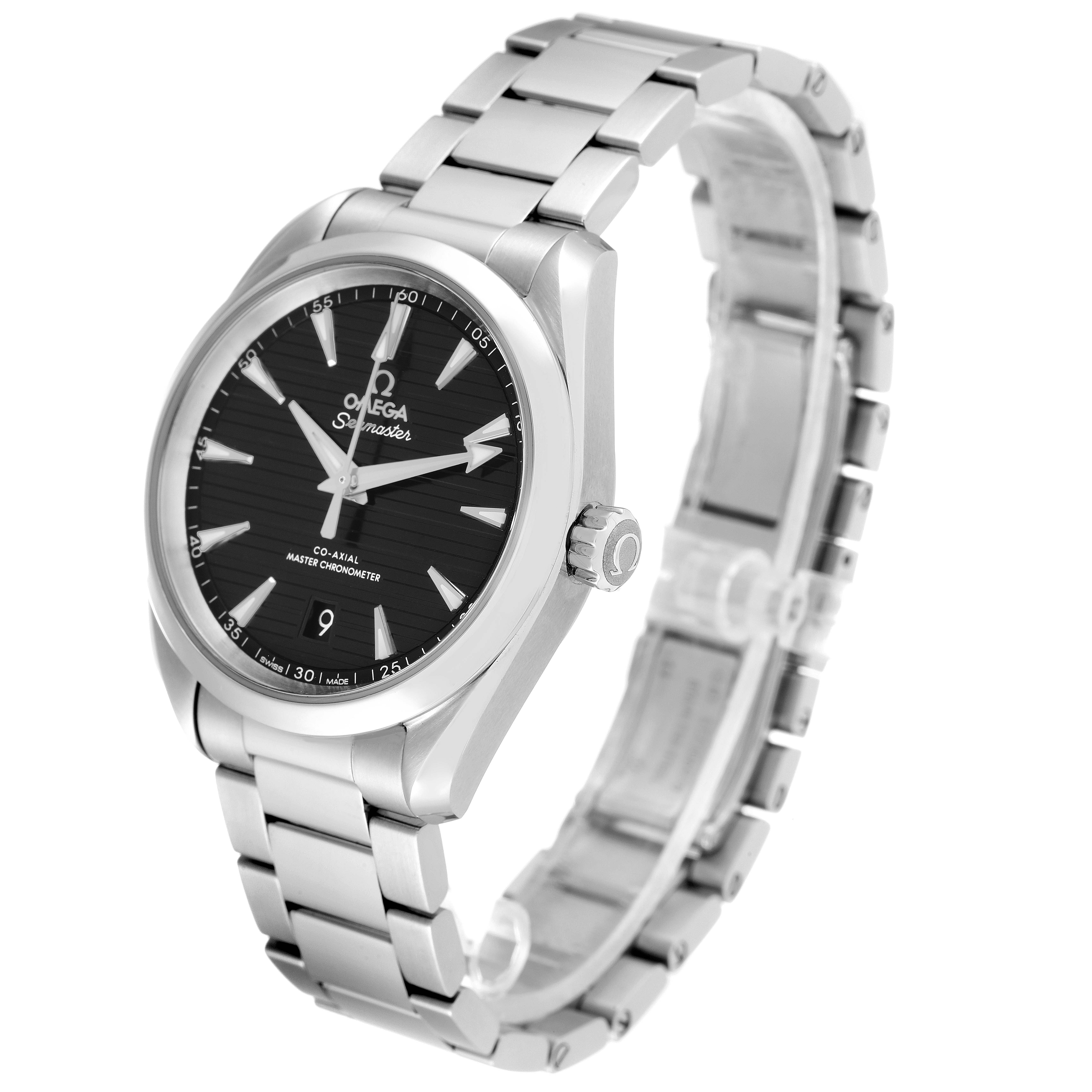 The Omega Aqua Terra 220.10.38.20.01.001 Men's Stainless Steel Black Dial 220.10.38.20.01.001 Men's Stainless Steel Black Dial watch is shown at a three-quarter angle, highlighting the face, bezel, and metal bracelet.