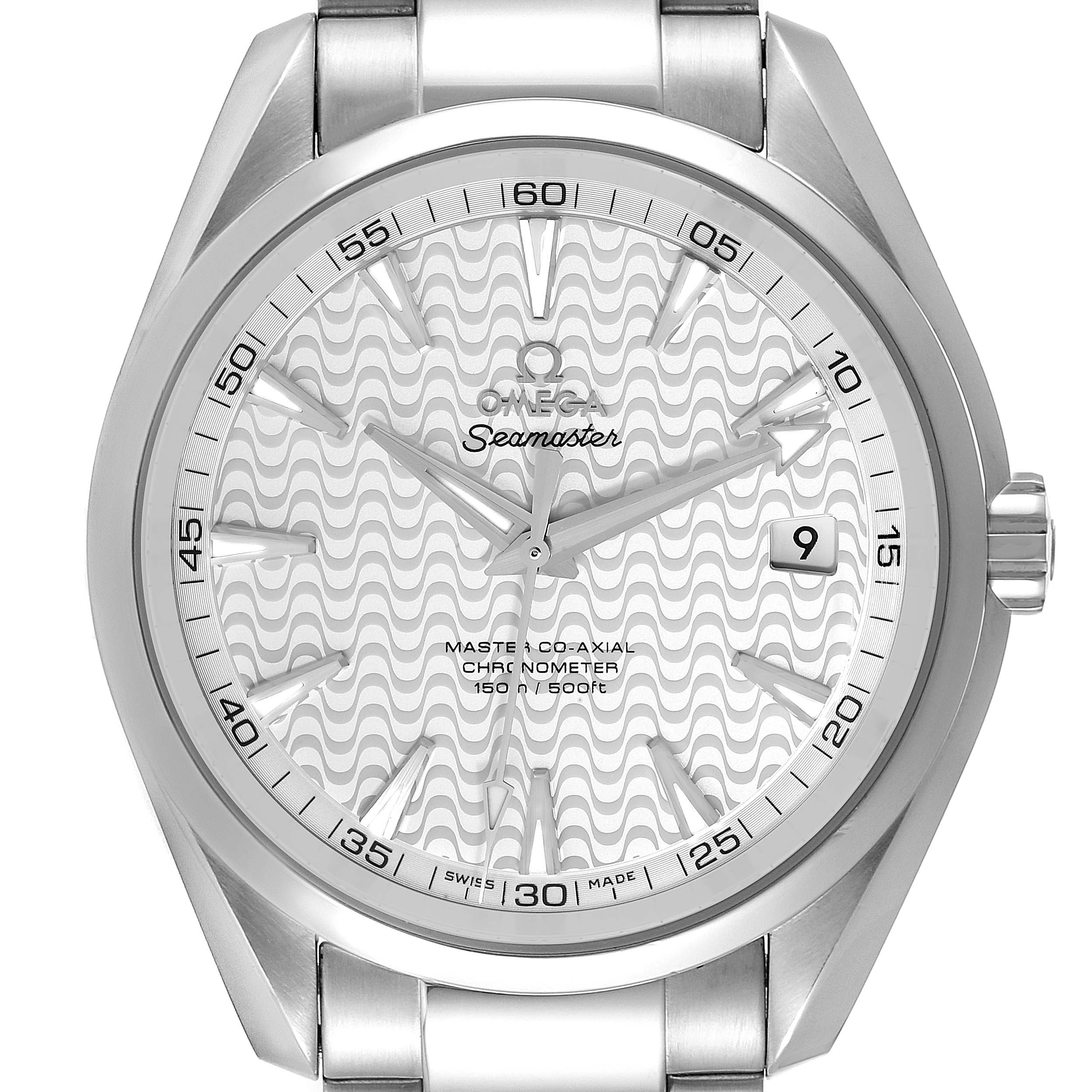 The image shows a front view of the Omega Seamaster Aqua Terra watch, featuring its dial, hands, bezel, and part of the bracelet.