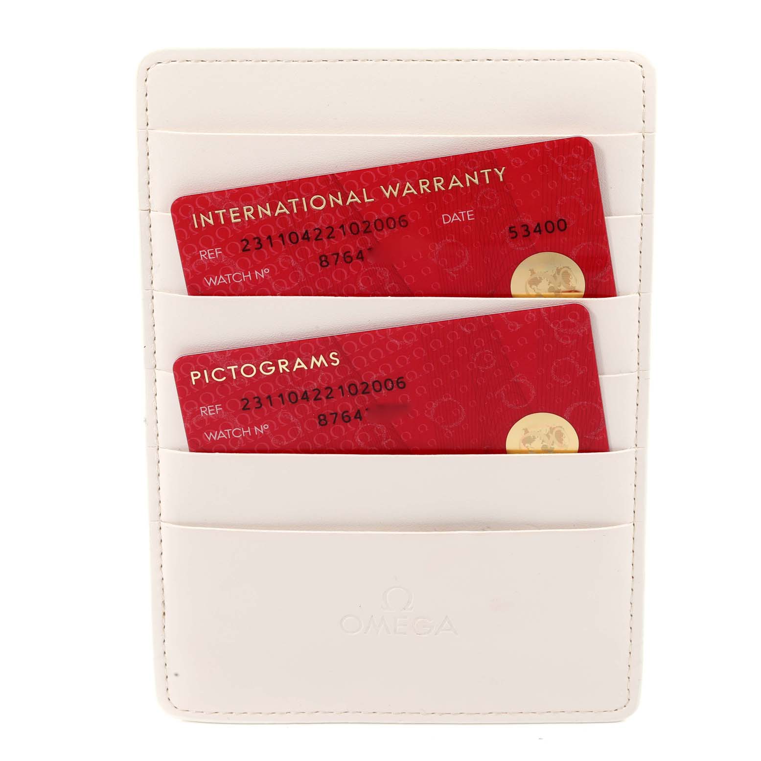 The image shows the international warranty and pictograms cards for the Omega Aqua Terra 231.10.42.21.02.006 Men's Stainless Steel Silver Dial 231.10.42.21.02.006 Men's Stainless Steel Silver Dial model in a white card holder.