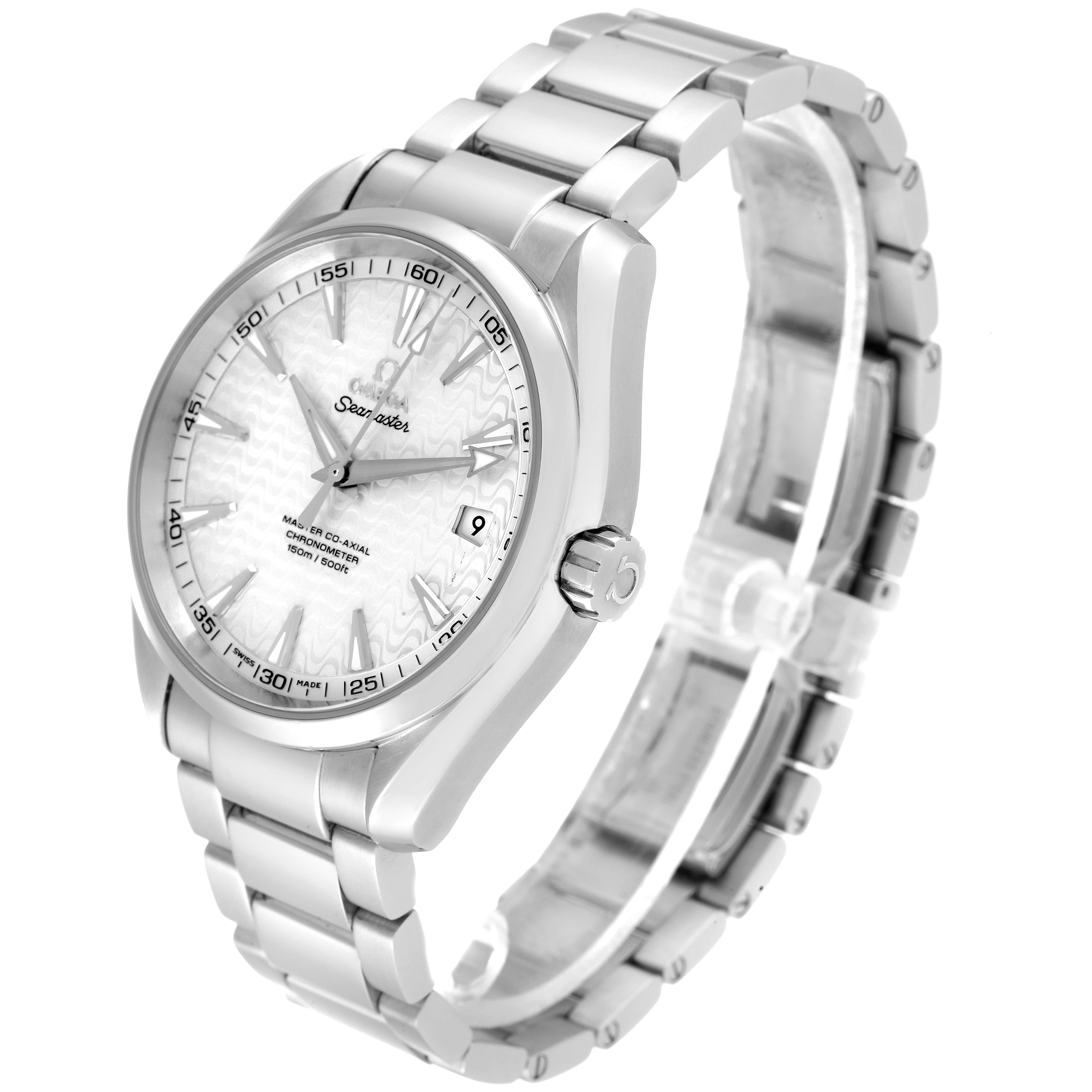 The image shows the Omega Aqua Terra 231.10.42.21.02.006 Men's Stainless Steel Silver Dial 231.10.42.21.02.006 Men's Stainless Steel Silver Dial watch at a three-quarter angle, highlighting the face, bezel, crown, and stainless steel bracelet.