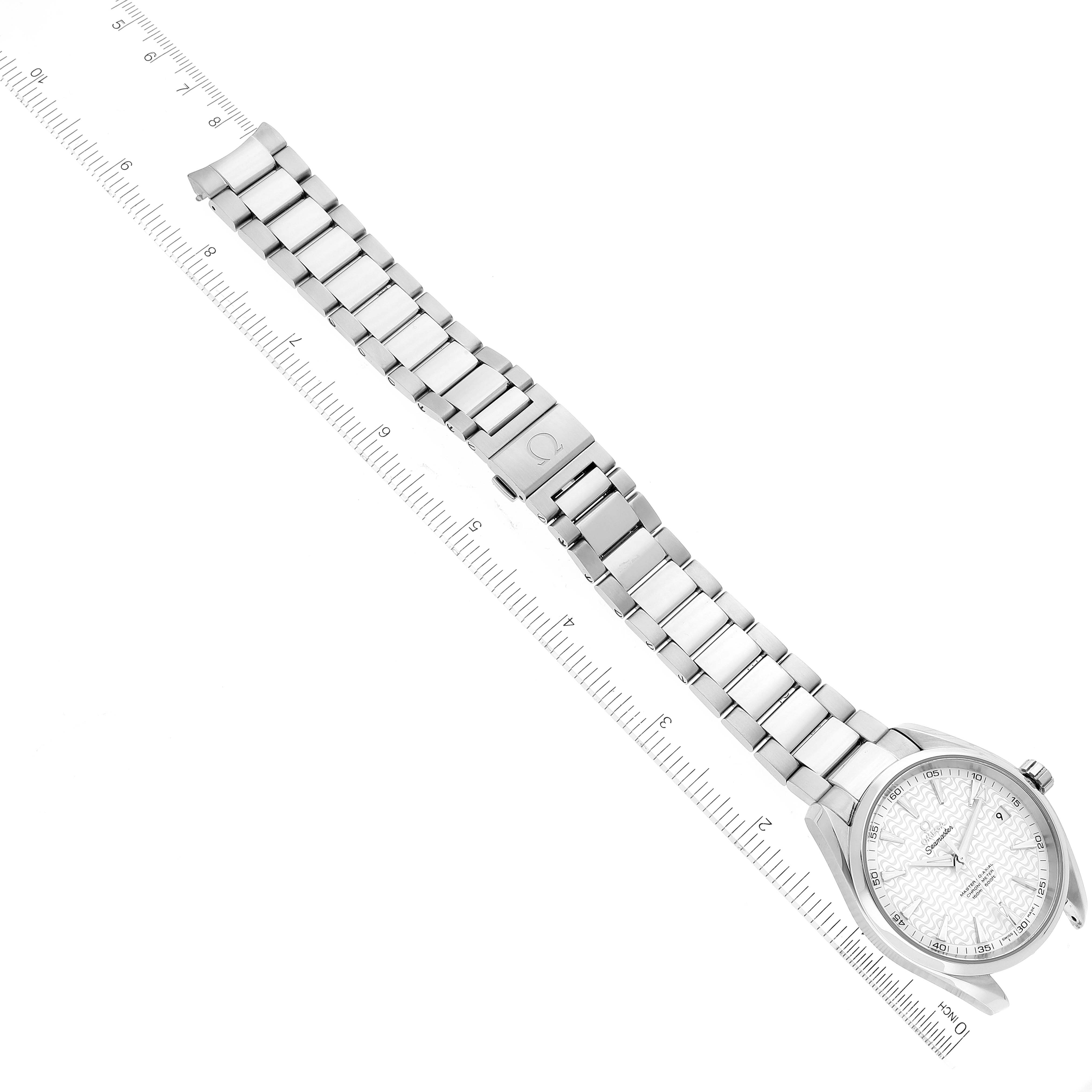 The Omega Aqua Terra 231.10.42.21.02.006 Men's Stainless Steel Silver Dial 231.10.42.21.02.006 Men's Stainless Steel Silver Dial watch is shown flat with its full bracelet and clasp visible, positioned next to a ruler for scale.