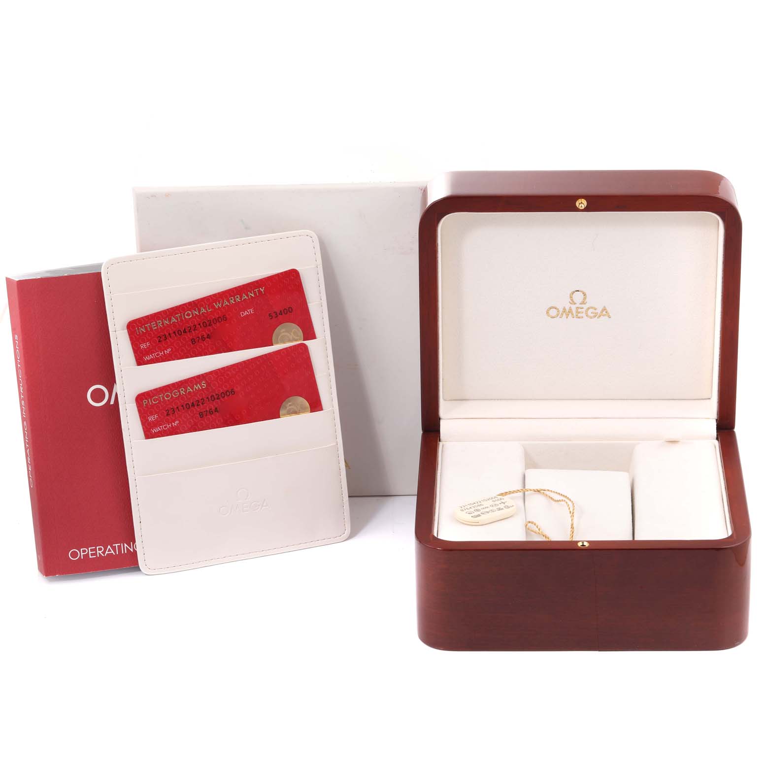 The image shows an open Omega Aqua Terra 231.10.42.21.02.006 Men's Stainless Steel Silver Dial 231.10.42.21.02.006 Men's Stainless Steel Silver Dial watch box, warranty cards, and an operating manual from a frontal angle.