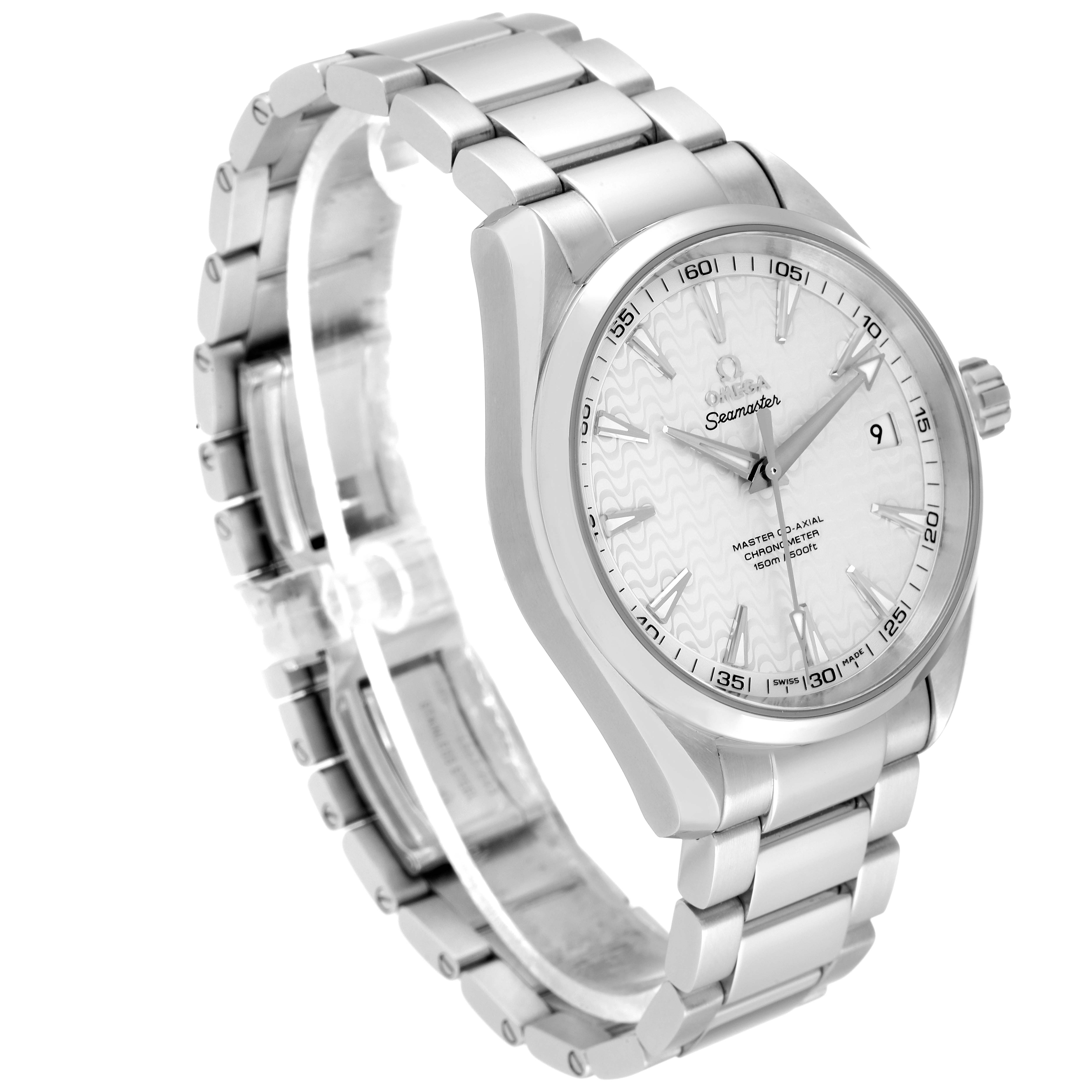 The image shows an angled side view of an Omega Aqua Terra 231.10.42.21.02.006 Men's Stainless Steel Silver Dial 231.10.42.21.02.006 Men's Stainless Steel Silver Dial watch, highlighting the dial, bracelet, and part of the clasp.