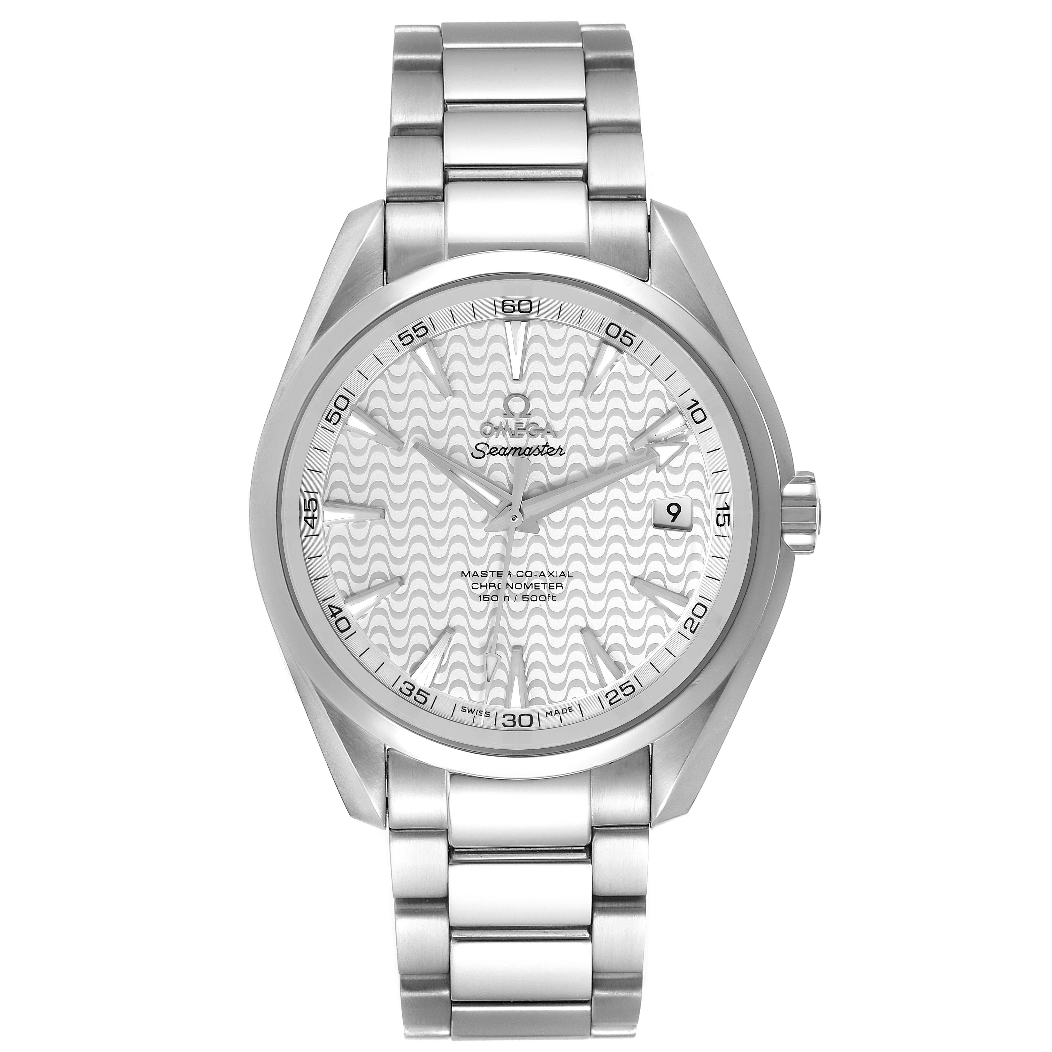 The image shows a front view of the Omega Aqua Terra 231.10.42.21.02.006 Men's Stainless Steel Silver Dial 231.10.42.21.02.006 Men's Stainless Steel Silver Dial watch, detailing its face, dial, and bracelet.