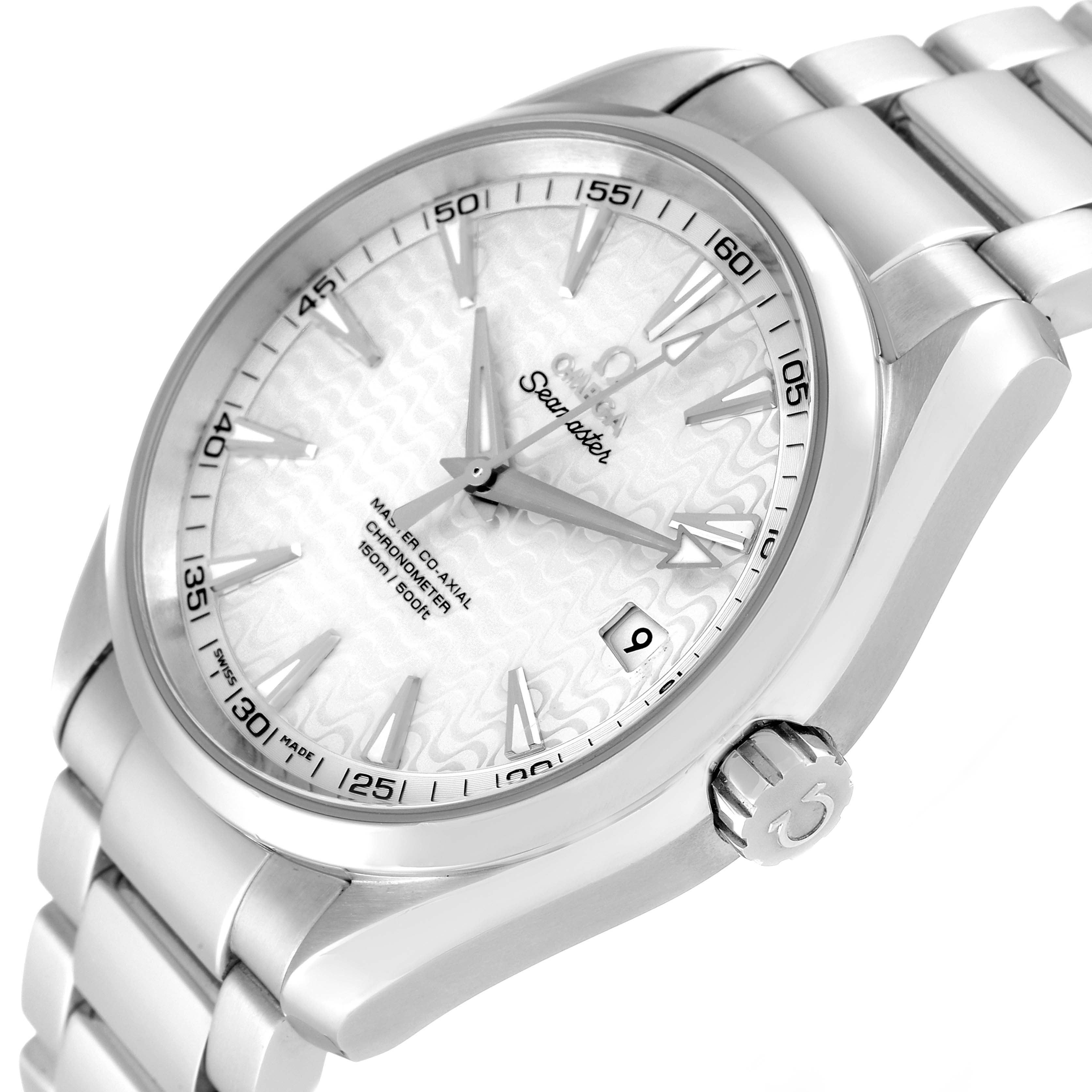 The image shows an angled view of the Omega Aqua Terra 231.10.42.21.02.006 Men's Stainless Steel Silver Dial 231.10.42.21.02.006 Men's Stainless Steel Silver Dial watch, highlighting its dial, bracelet, crown, and date window.