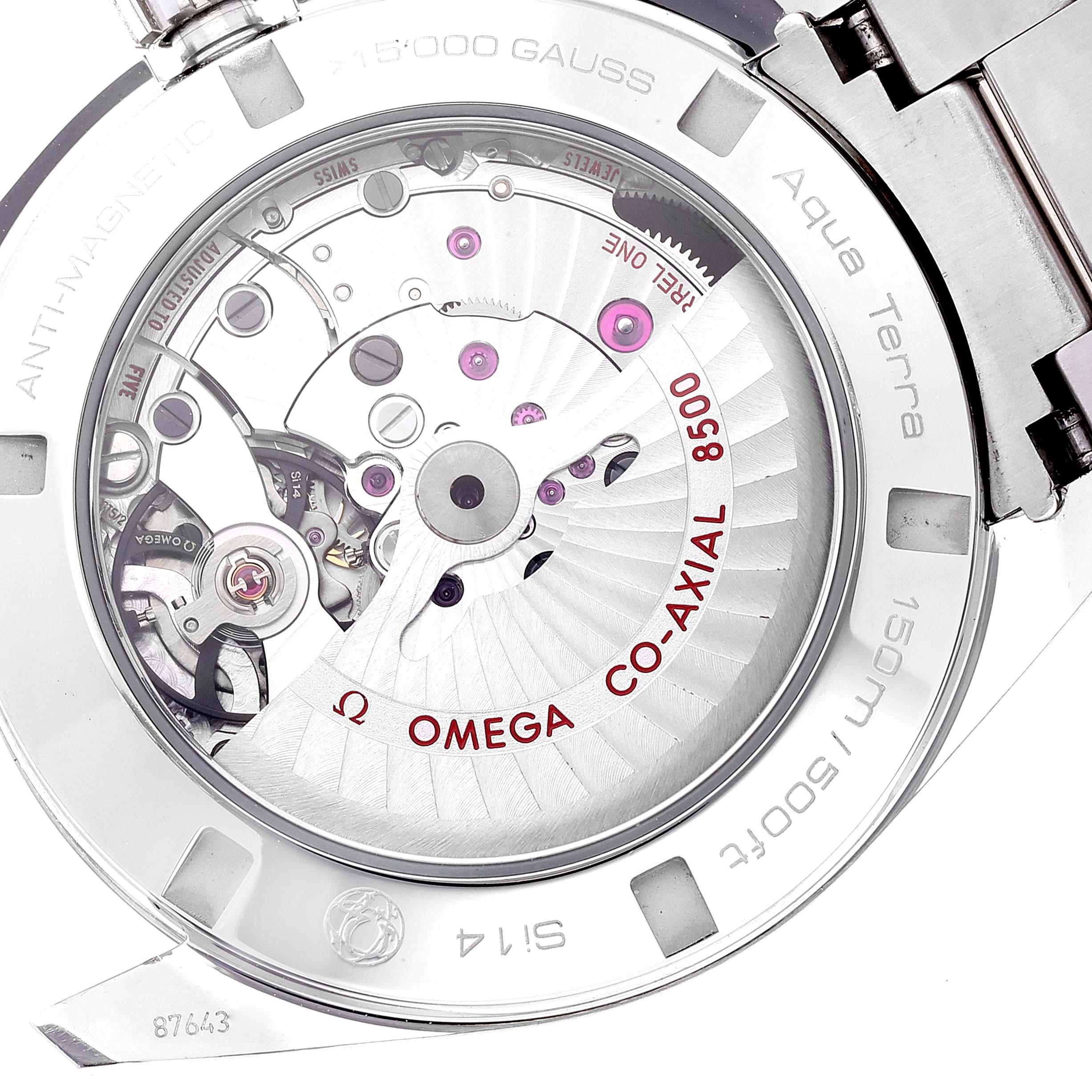 The image shows the back view of the Omega Aqua Terra 231.10.42.21.02.006 Men's Stainless Steel Silver Dial 231.10.42.21.02.006 Men's Stainless Steel Silver Dial watch, revealing its Co-Axial 8500 movement.