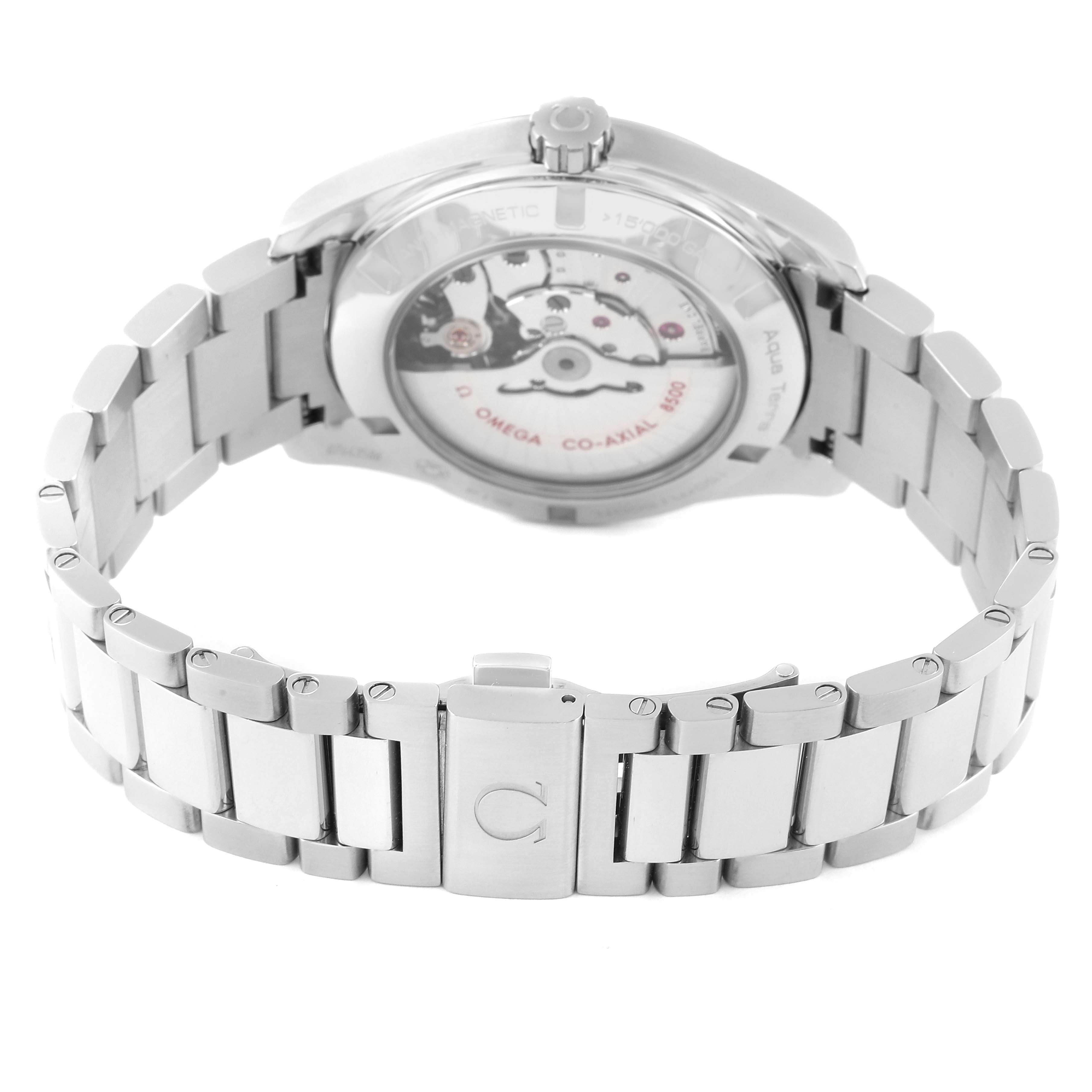 The image shows the back of the Omega Aqua Terra 231.10.42.21.02.006 Men's Stainless Steel Silver Dial 231.10.42.21.02.006 Men's Stainless Steel Silver Dial watch, highlighting its bracelet and clasp.